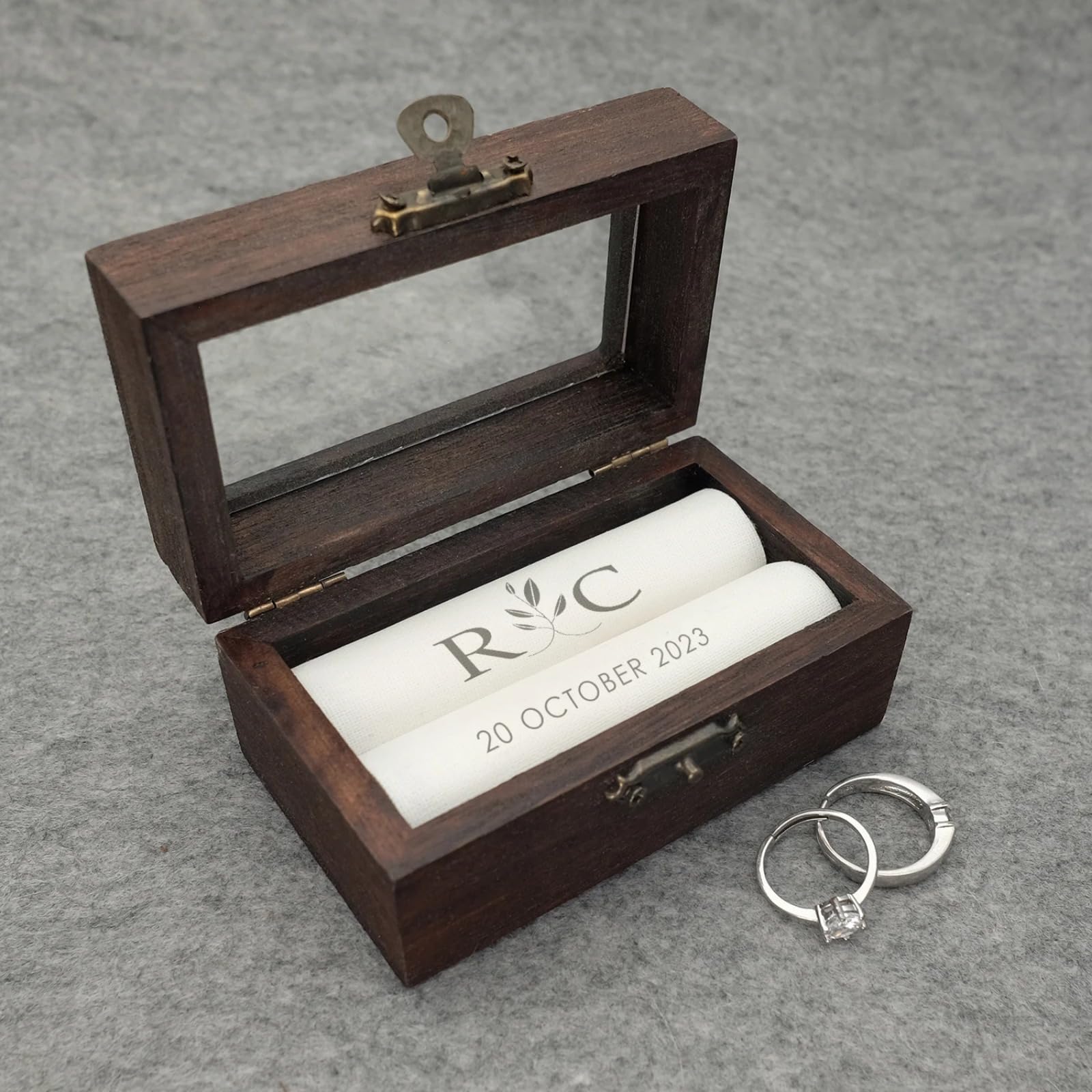 Boîte à bague à monogramme WOMB en bois noble, écrin de cérémonie 10x6cm
