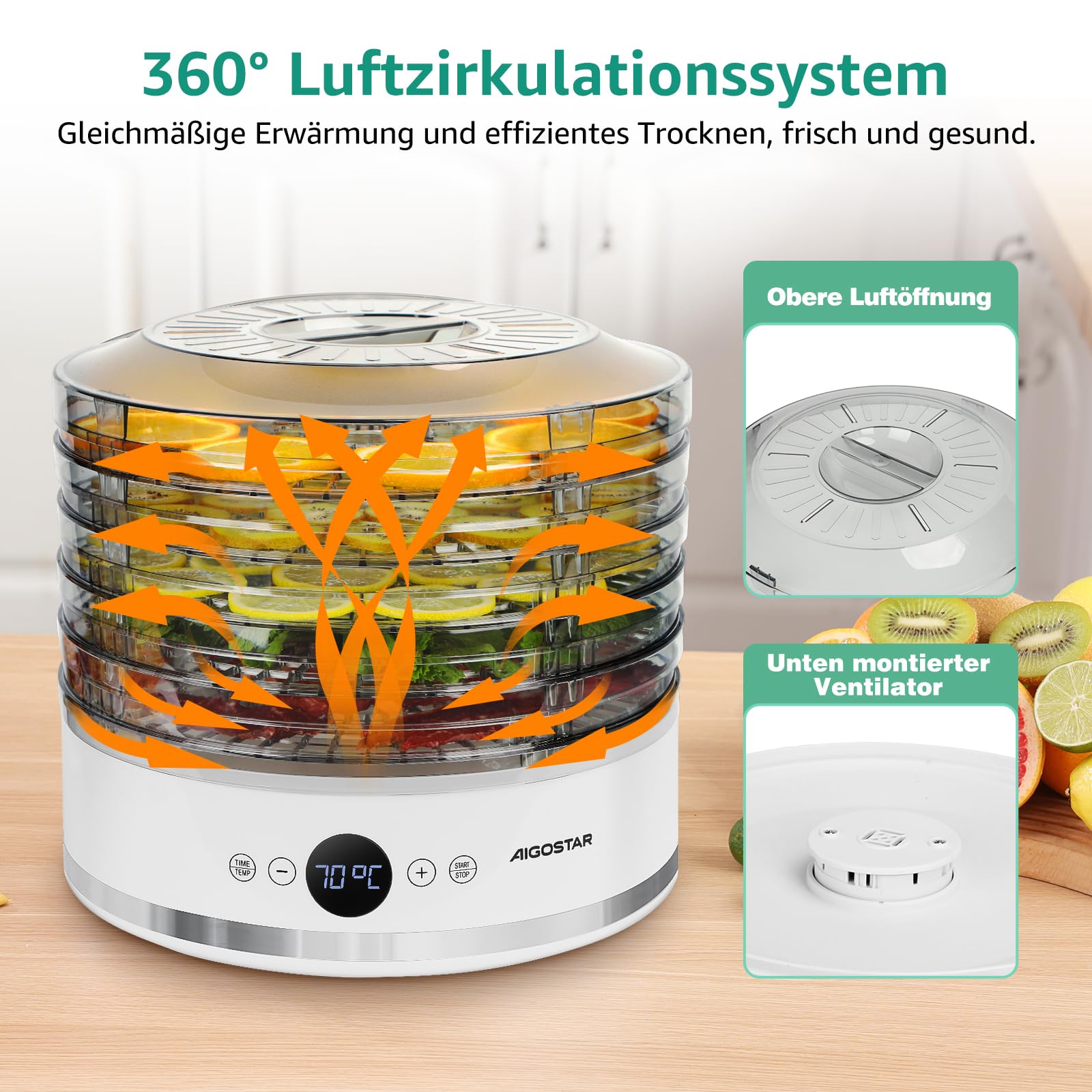 Aigostar Dörrautomat, LED-Anzeige, 5 höhenverstellbaren Tabletts, 48h-Timer, Dörrgerät mit "FAN"-Modus & einstellbarer Temperatur 35-70°C, leiser Betrieb, 380W, BPA-frei, Rezeptbuch inklusive