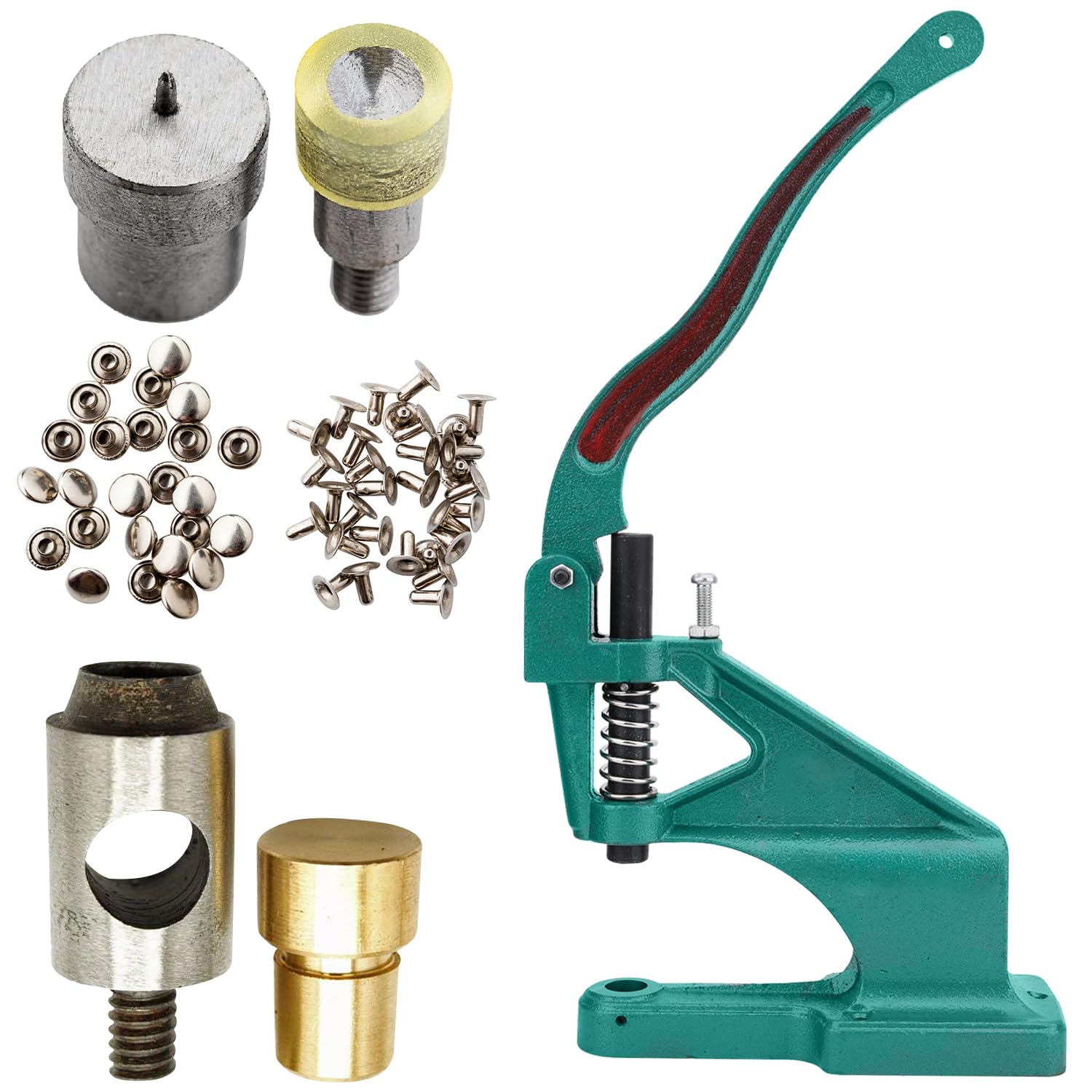 WedDecor Remaches de cuero de 10 mm, remaches tubulares de metal con prensa manual de máquina verde, juego de troqueles de corte de agujeros y troqueles de fijación de remaches, para manualidades de