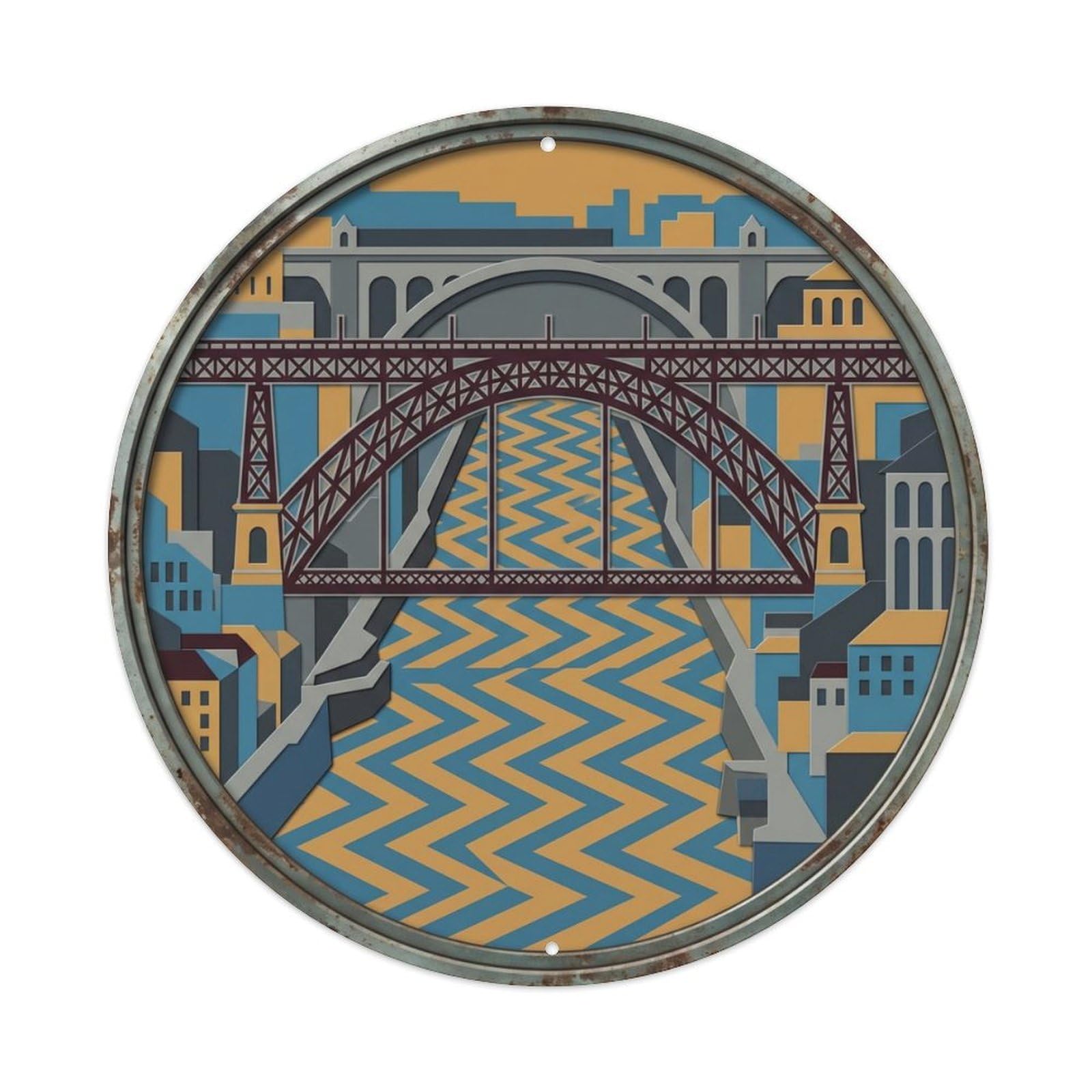 Porto Layered Bridge Travel（1） Metal Tin Sign Plaque Wall Decor for Cafe, Club Bar, Office, Home Garden Round Metal Poster 8x8Inch