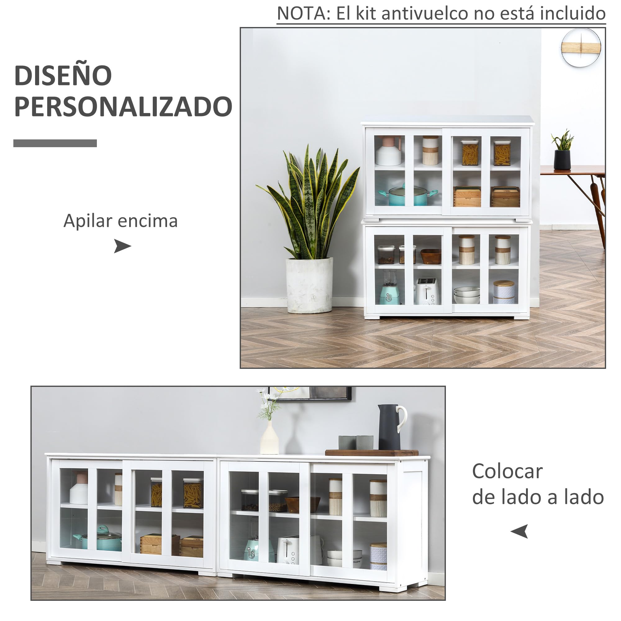 HOMCOM Aparador de Cocina Mueble Auxiliar de Cocina 107x33x62,5 cm Blanco | Aparador Apilable, 2 Puertas Corredizas de Vidrio, Estante Ajustable, para Salón Comedor