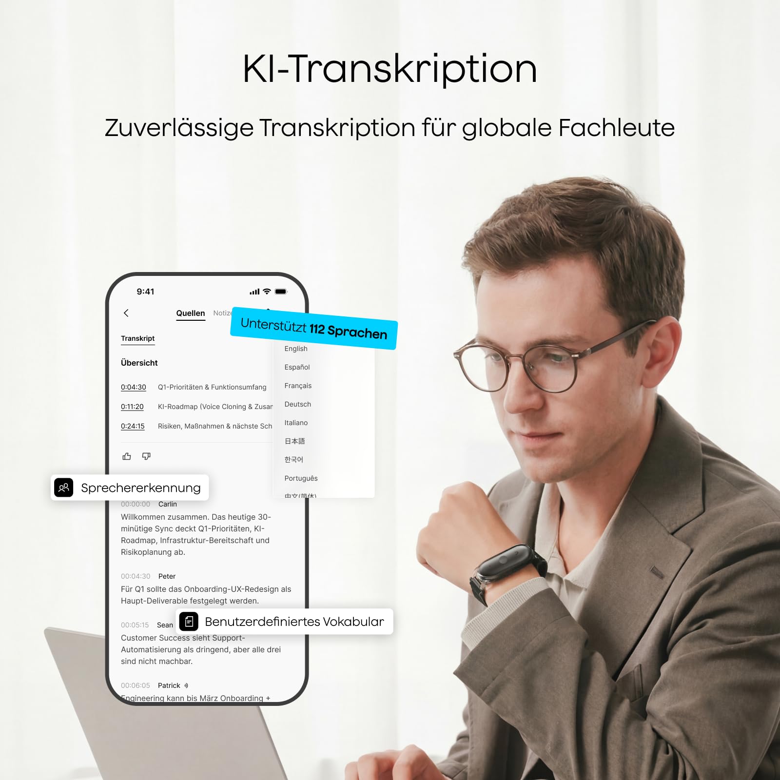 Plaud NotePin S Diktiergerät mit taktiler Aufnahmetaste Profis & Teams KI Voice Recorder KI-Notizgerät KI-Schreibfunktion & Zusammenfassung Aufnahmegerät für Meetings 4 Zubehörteile (Grau)