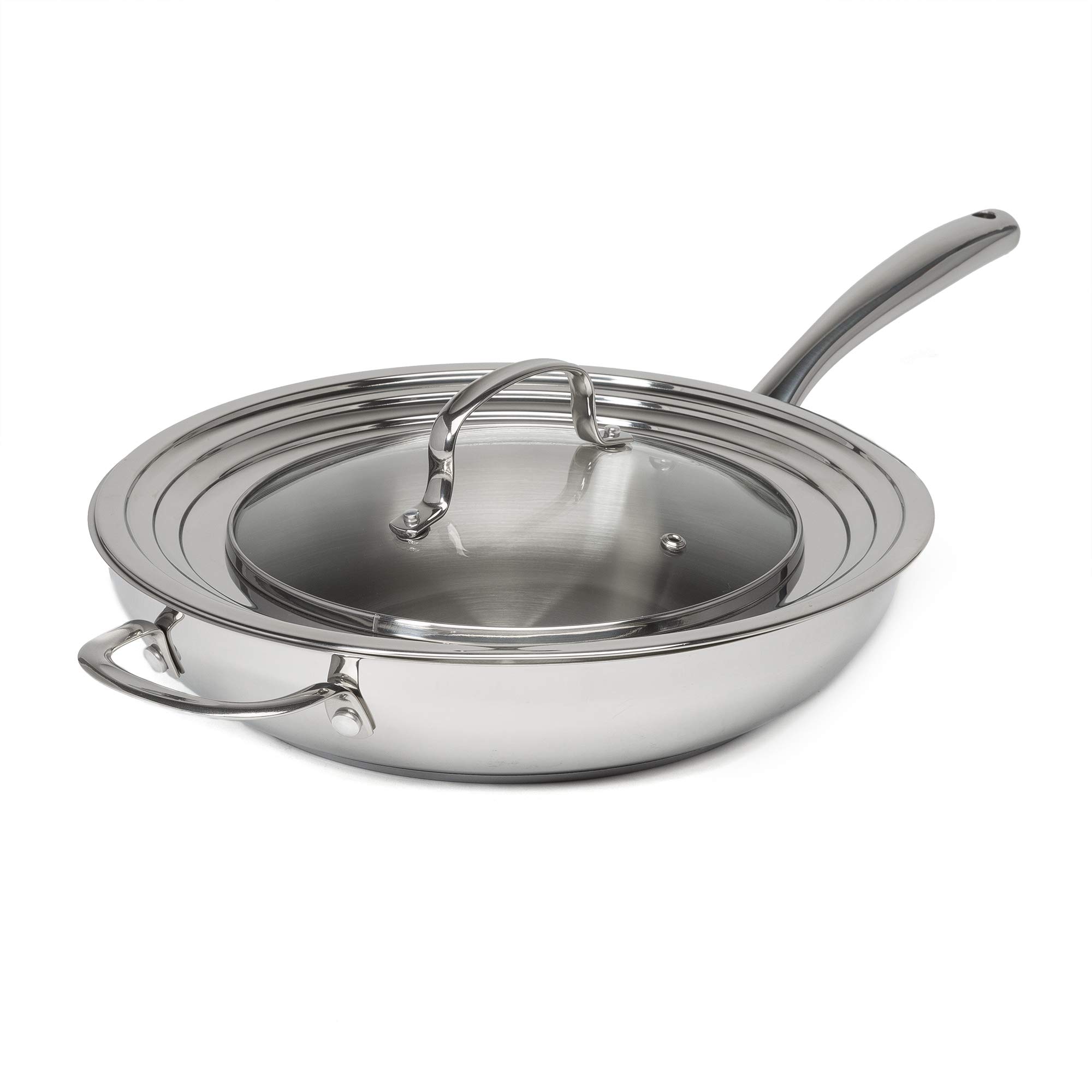 Goodful 12-Inch Stainless Steel Fry Pan with Universal Lid made from Stainless Steel and Glass Combo, Chrome
