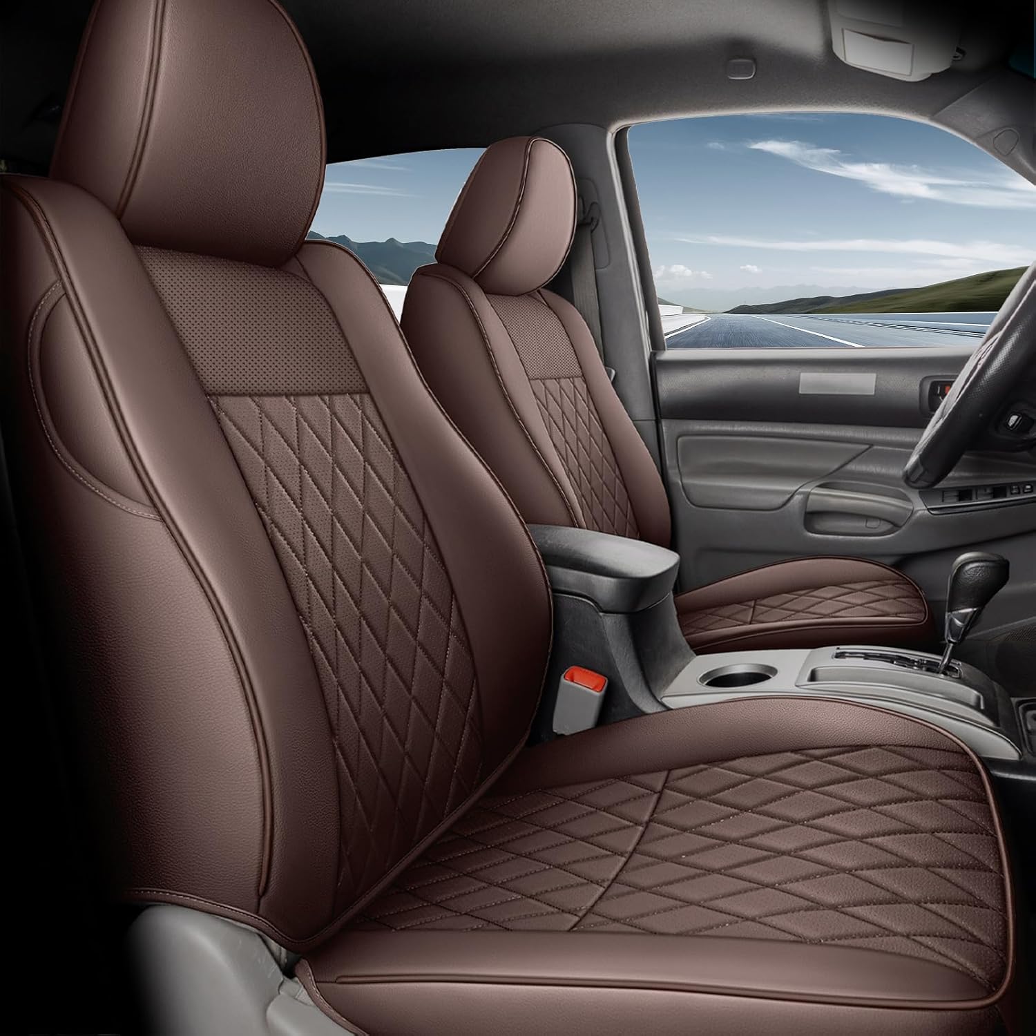 Coverado Tacoma Seat Covers, Leather Car Seat Covers Full Set Custom Fit 2005-2023 Toyota Tacoma Double/Crew Cab, Seat Covers for Cars Car Seat Protector(Brown)