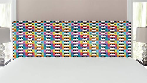 Miniatura 2 de Ambesonne Penguin Headboard, Rainbow Colored Checkered Squares Pattern with Arctic Animal Cartoon Character, Upholstered Decorative Metal Bed