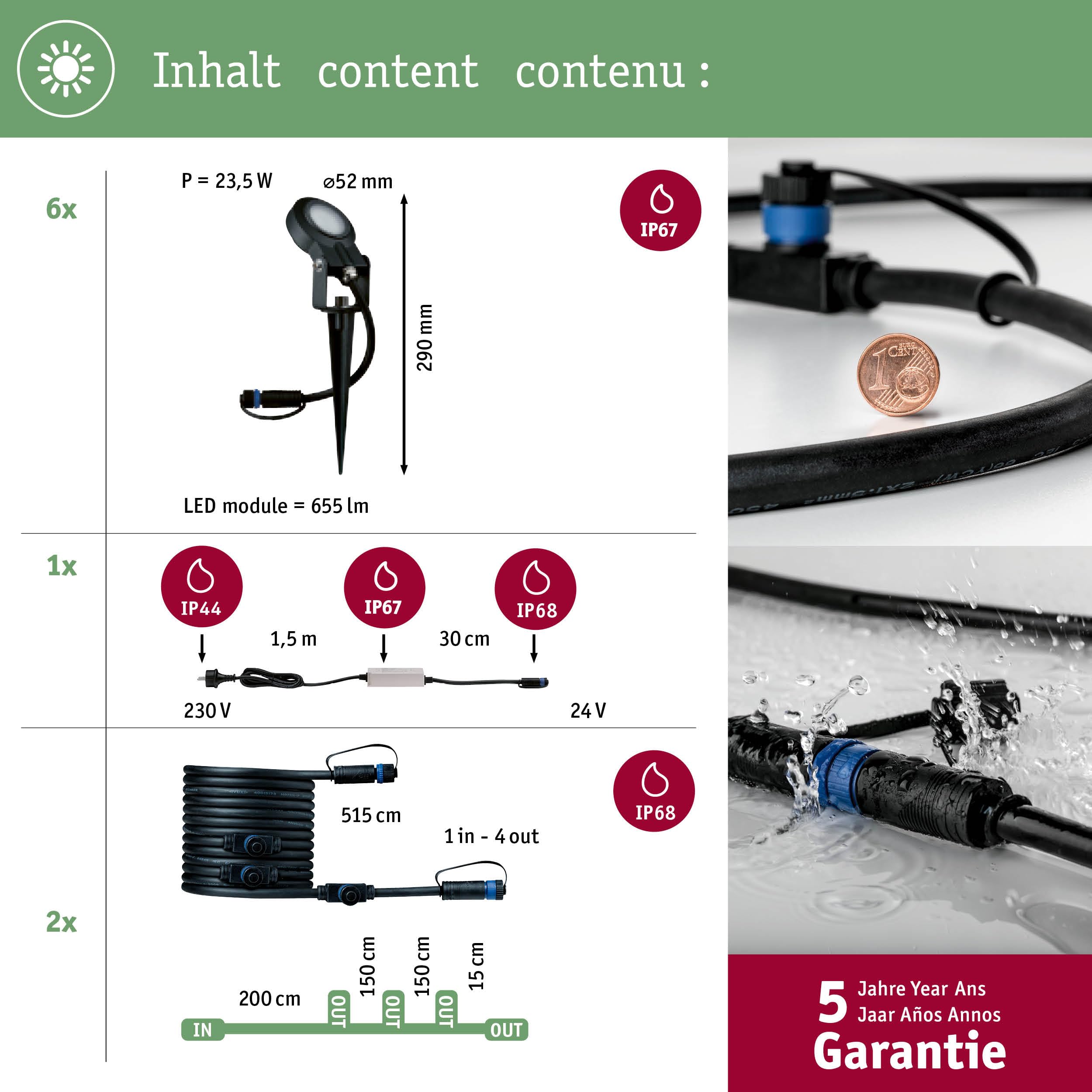 Paulmann 5217 Set Plug & Shine LED Gartenstrahler Sting 6er-Set IP67 rund 52 mm 3000K 6x6,4W 6x270lm 230/24V Anthrazit Aluminium