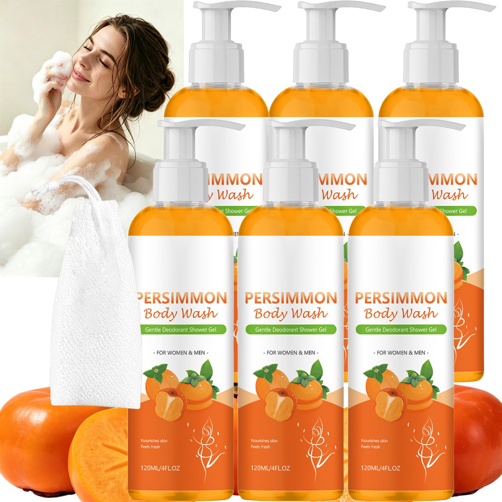 Bagnoschiuma al cachi per combattere i cattivi odori, gel doccia neutralizzante – detergente deodorante per il corpo ad azione detergente profonda, detergente delicato con estratti idratanti. (6pcs)