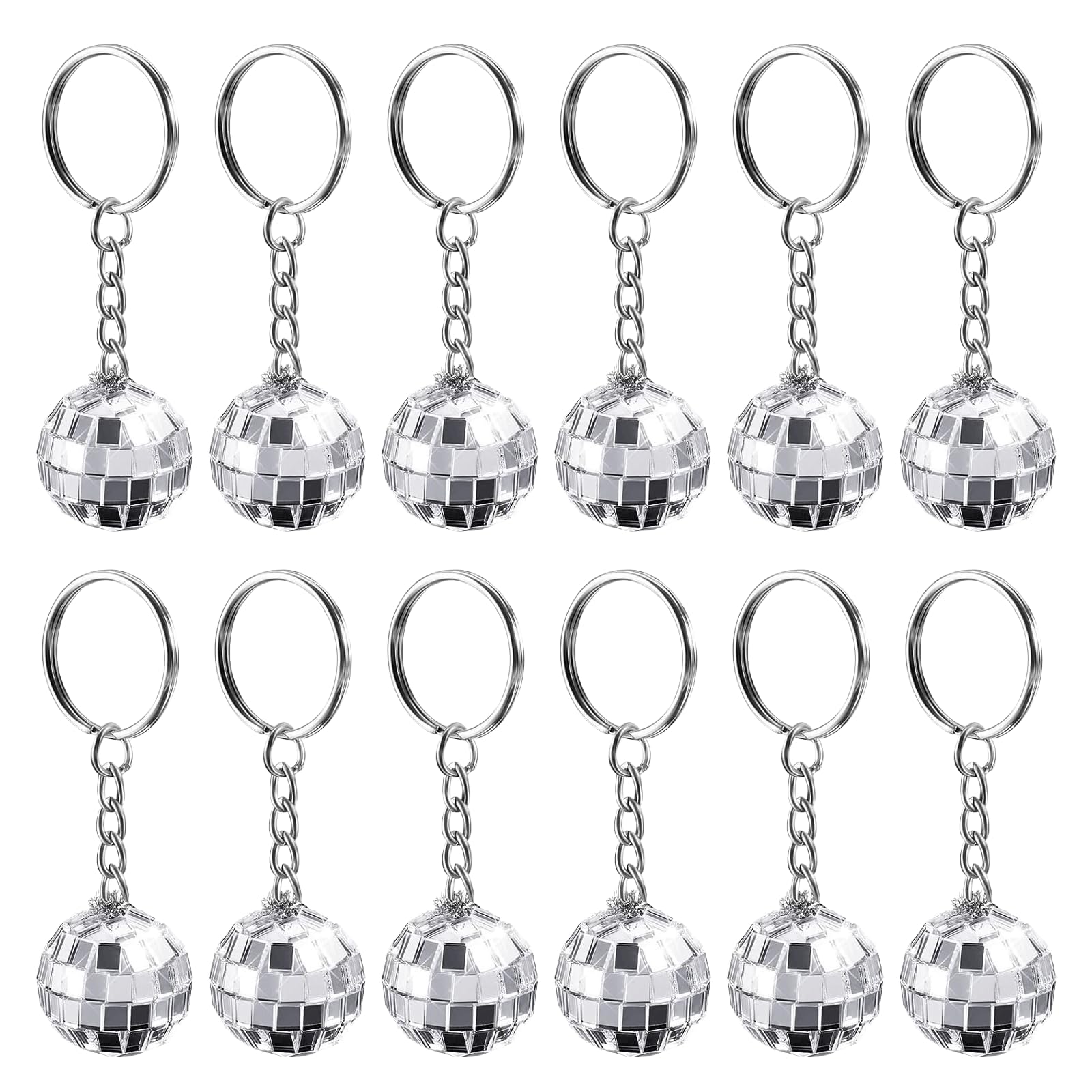 CavspkArt 12 Pcs Mini Disco Ball Keychain,Silver Mirror Ball Keyrings Party Bags Fillers,Disco Themed Hanging Ornament,Keychain Gifts Decorations for 70s 80s Party Supplies,Halloween,Christmas (12PCS)