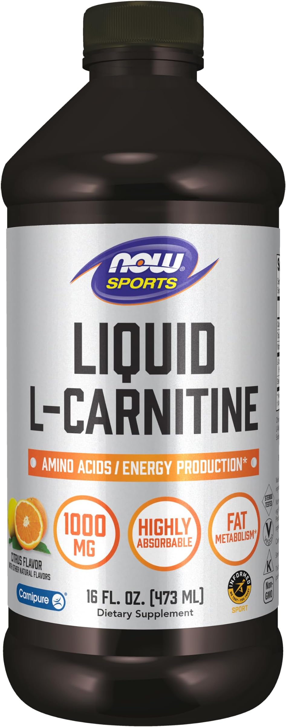 NOW Foods Sports Nutrition, L-Carnitine Liquid 1000 mg, Highly Absorbable, Citrus, 16-Ounce