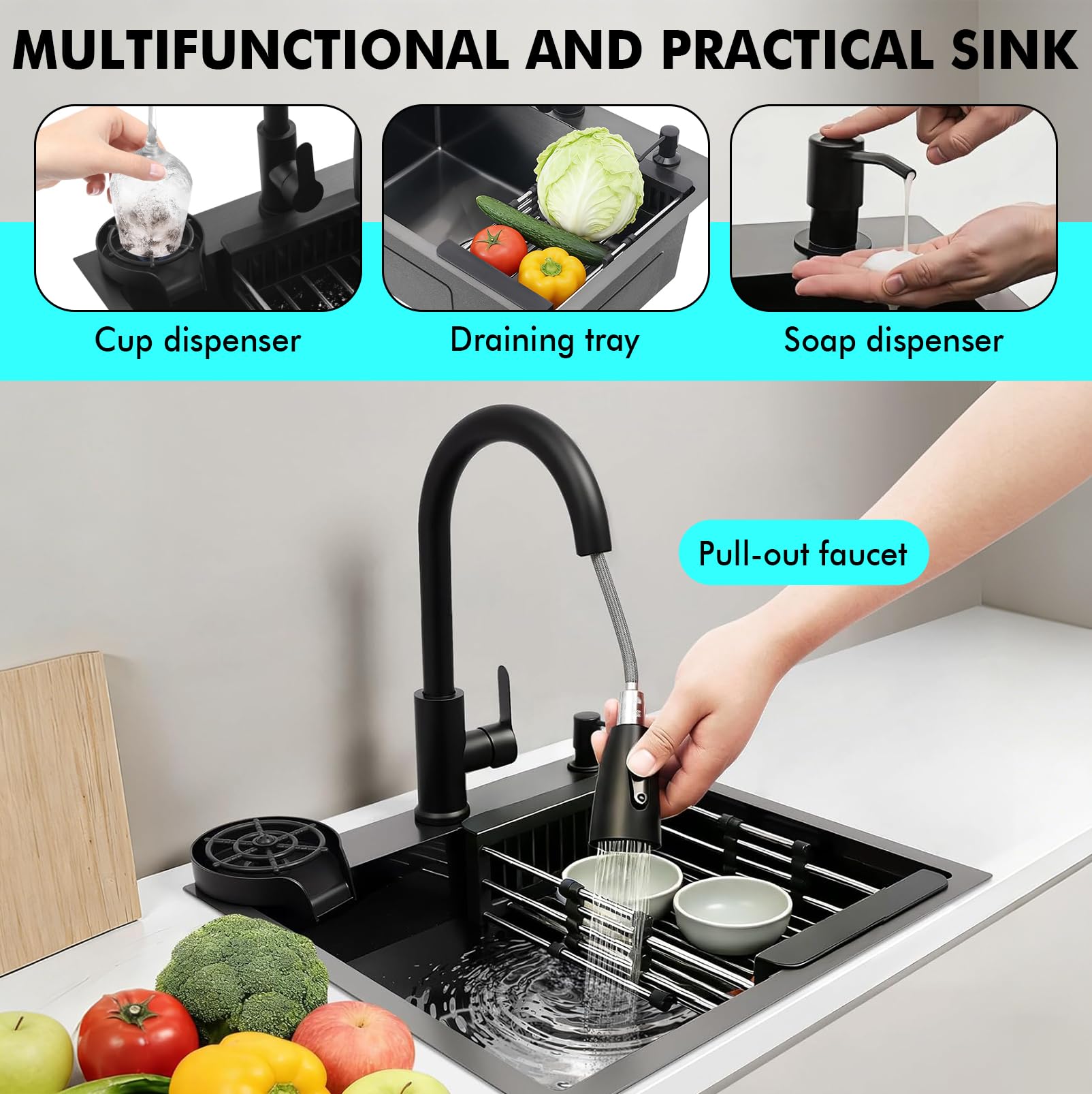 Fregadero negro 50x45 cm, fregadero de cocina de acero inoxidable, lavabo de cocina con grifo extraíble, dispensador de jabón, fregadero de cocina pequeño de acero inoxidable, fregadero empotrado incl