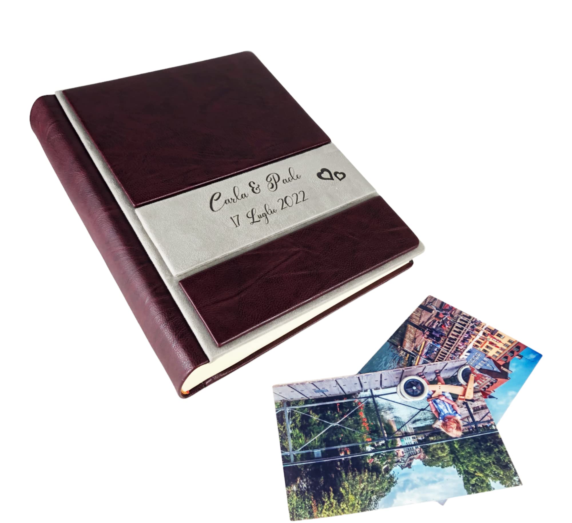 TriVin Art Album Fotografico Artigianale in Alcantara e Similpelle, Personalizzabile con Incisione. Ideale per Qualsiasi Evento. (bordò/Sabbia)