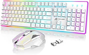 2.4G Wireless Gaming Keyboard and Mouse,Type C/USB Dual Receiver,RGB LED Backlit,Rechargeable 4200mAh,Full Size Mechanical Feel,Silent Mice,Mouse Pad for PC,Laptop,Smartphone,PS4,PS5,Xbox(White)