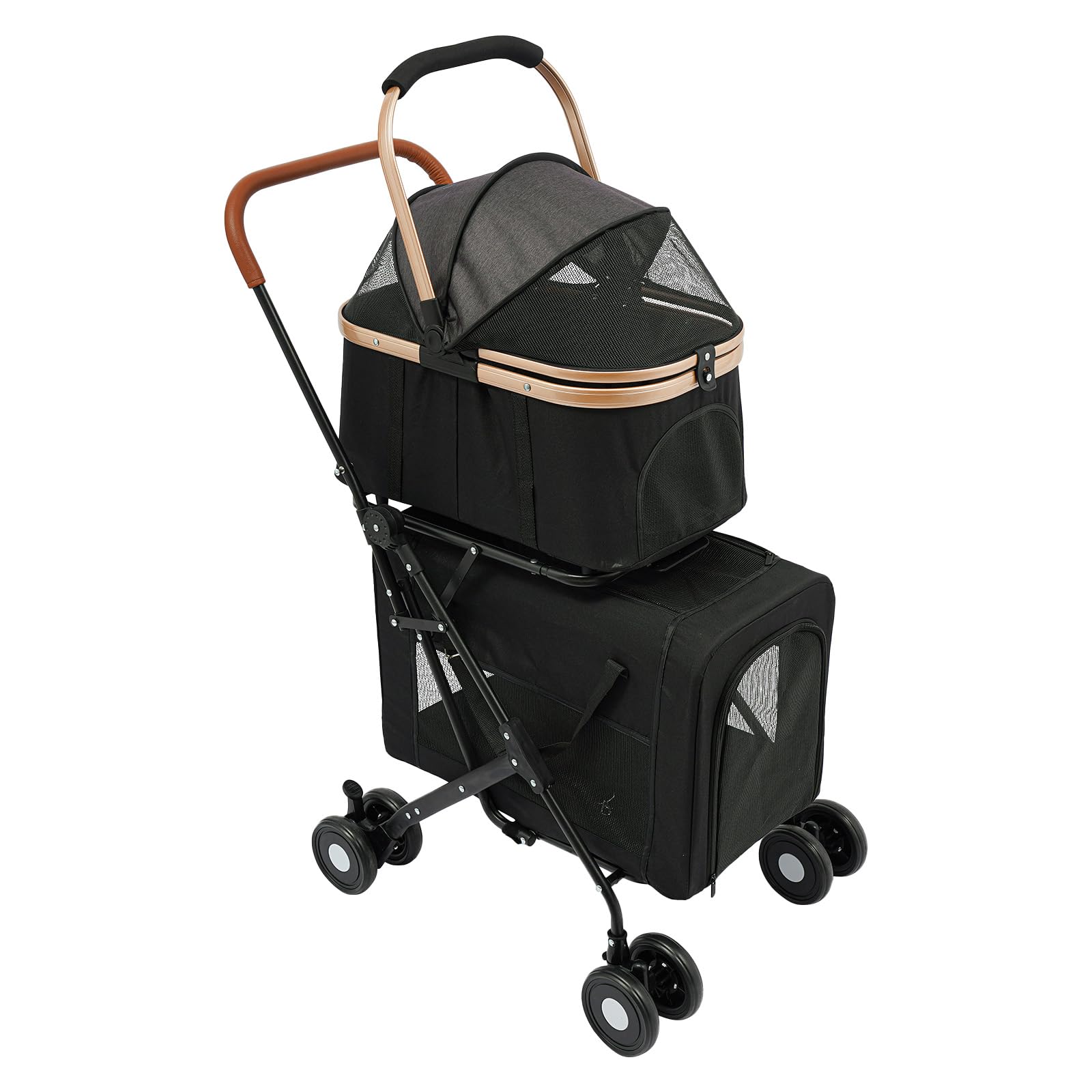 Cztery koła do cichej jazdy, ergonomiczny uchwyt do ciągnięcia i stabilna rama stalowa, dwupoziomowa konstrukcja, wózek dla psa, do 35 kg, składany wózek dla kotów, wózek dla psa, składany wózek dla