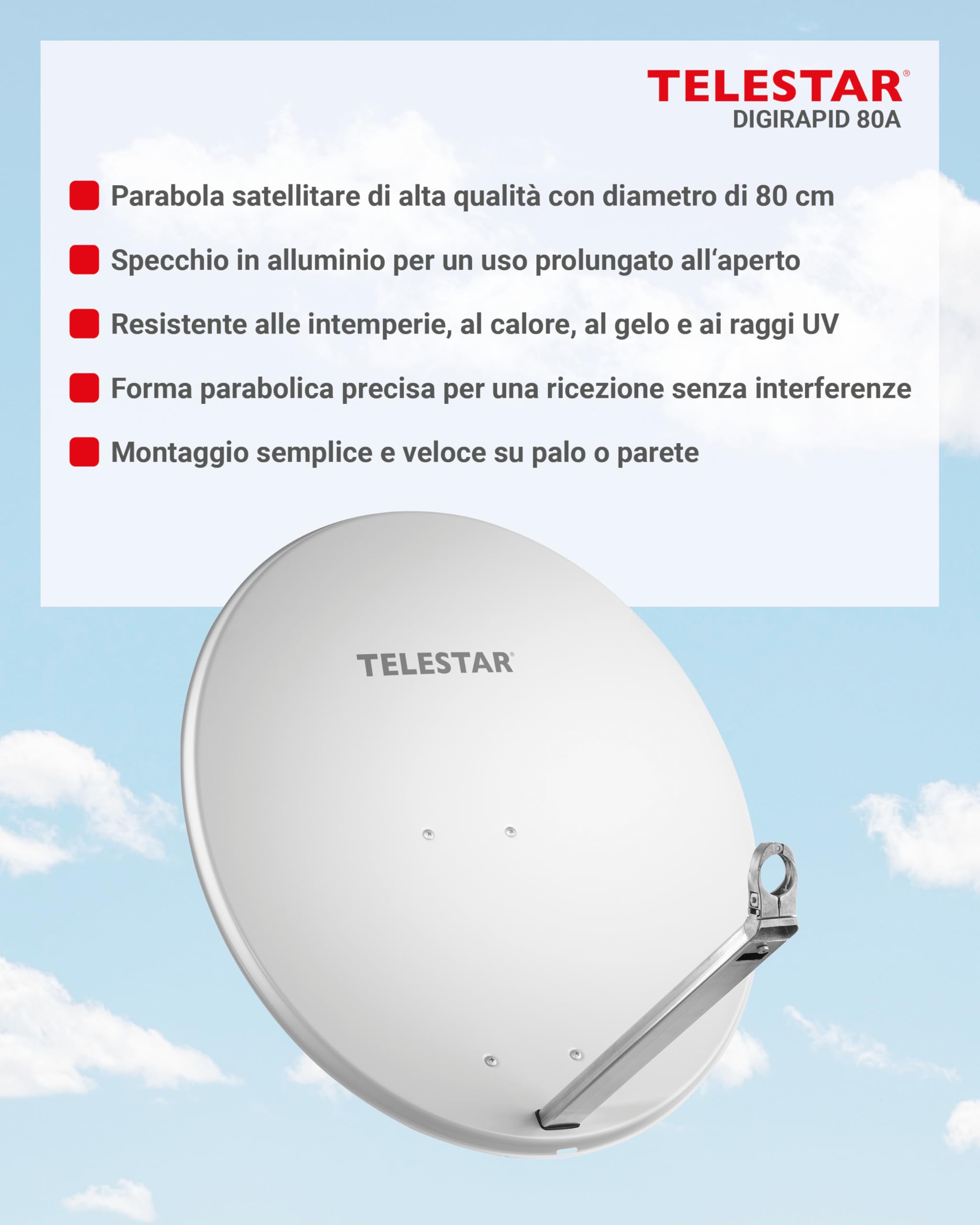 TELESTAR DIGIRAPID 80 A V2 – Parabola satellitare (80 cm, alluminio, braccio di supporto stabile e di alta qualità) – Grigio chiaro