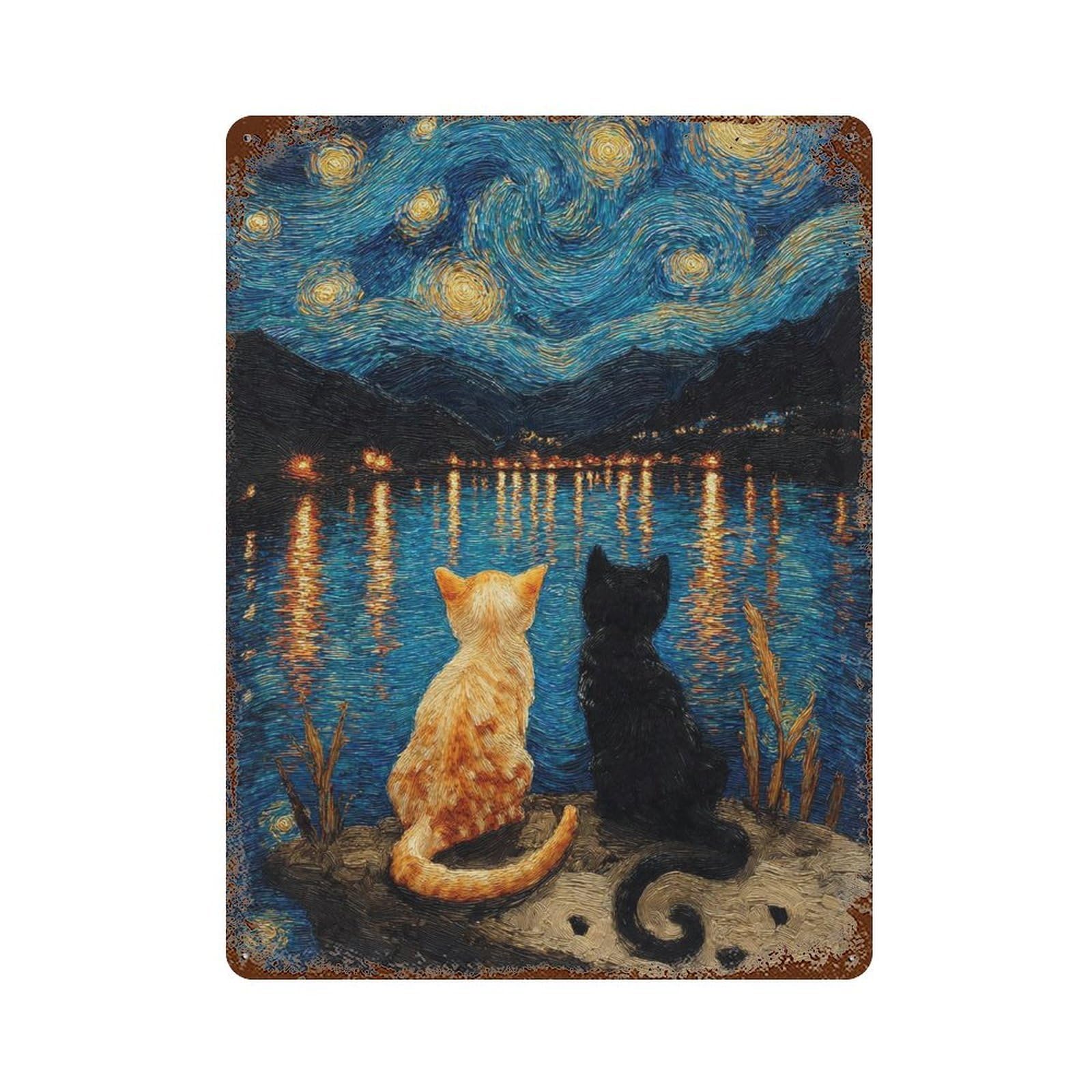 Cats Watching Starry Night Rusty Metal Tin Sign 15.7"x11.8", Vintage Wall Decor for Garage, Pub Or Kitchen
