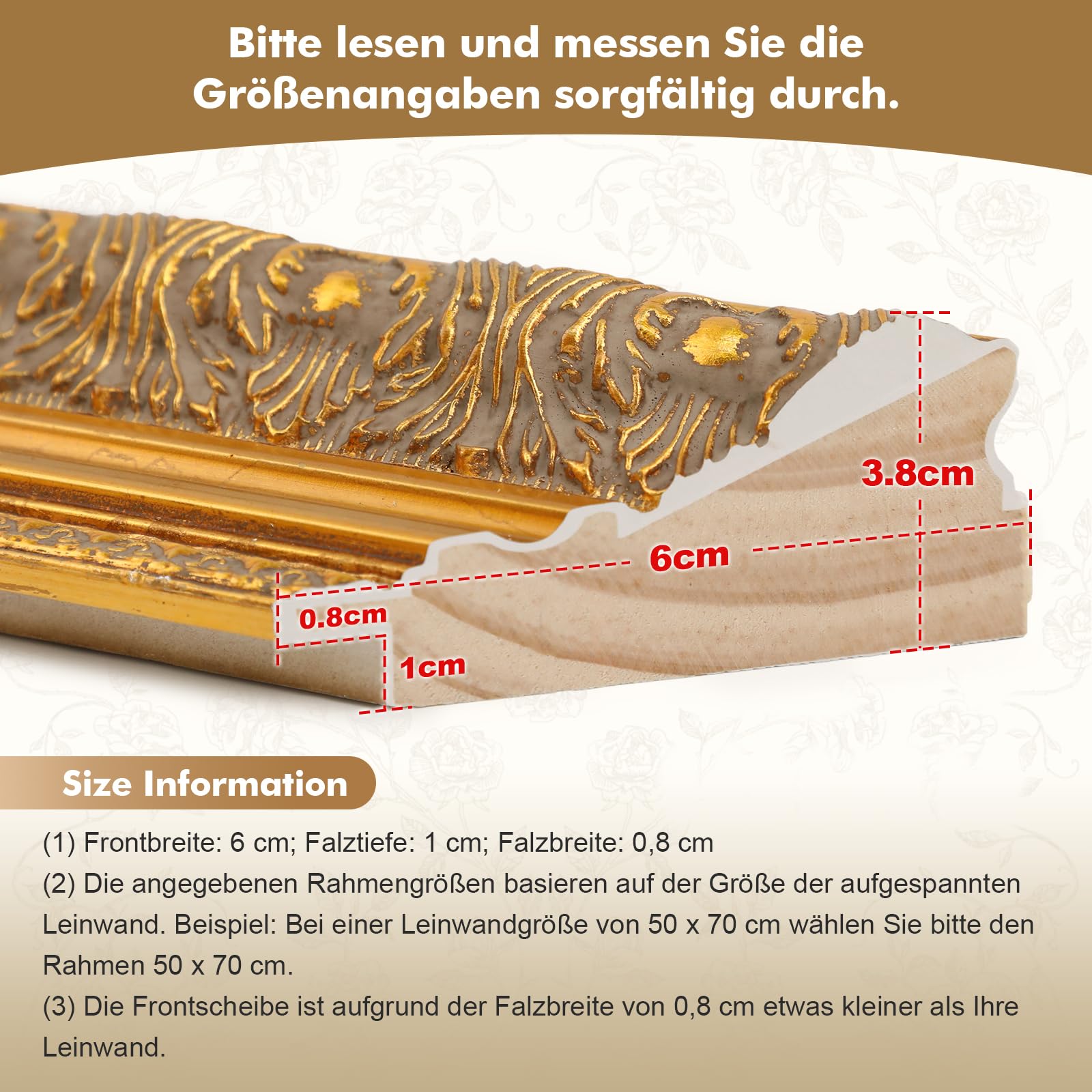 40x60cm Barockrahmen für Ölgemälde Holzrahmen ohne Glas Gold