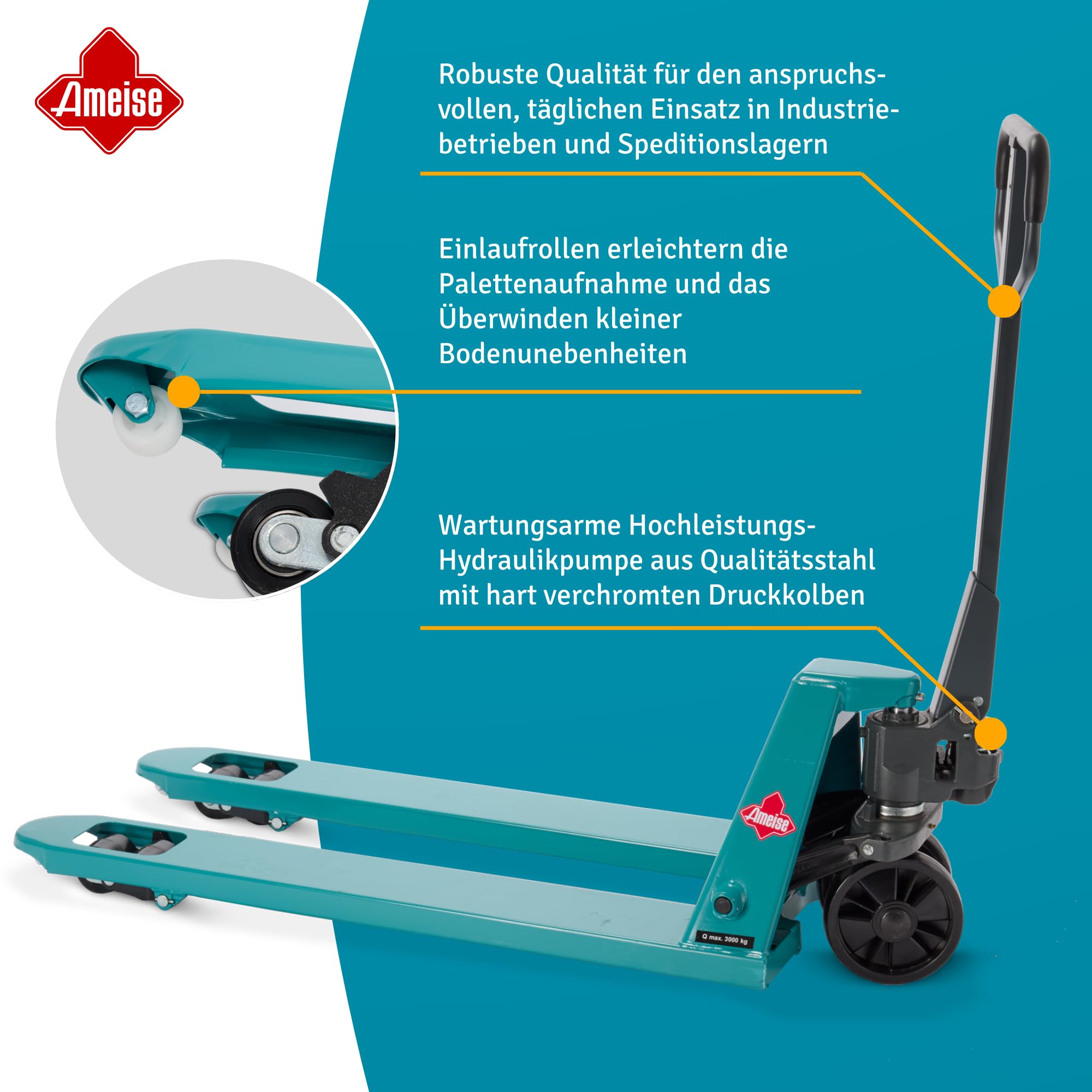 Ameise Hubwagen PTM | 3.000 kg Tragkraft | 1.150 mm Gabellänge | Lenkrad/Gabelrolle aus robustem Polyurethan | Tandem-Gabelrollen | Palettenhubwagen