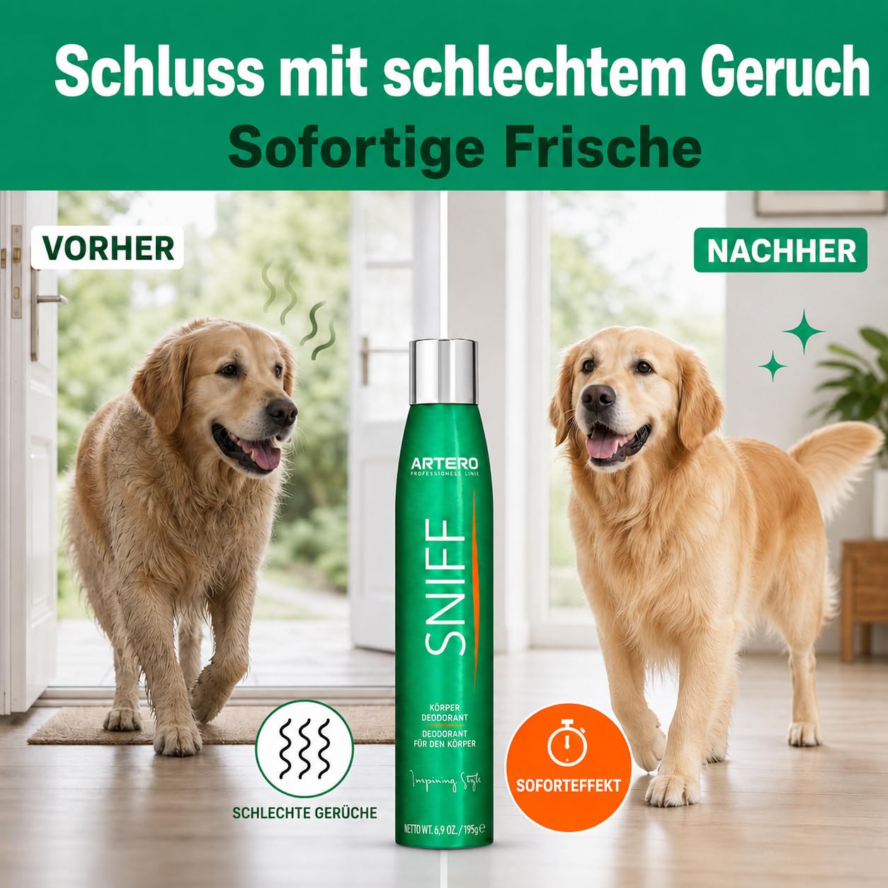 ARTERO Sniff Hunde Deodorant 300ml - Beseitigt schlechten Geruch Sofort, Langanhaltender Körperspray, Geeignet für Welpen und Erwachsene, Vegan und Parabenfrei
