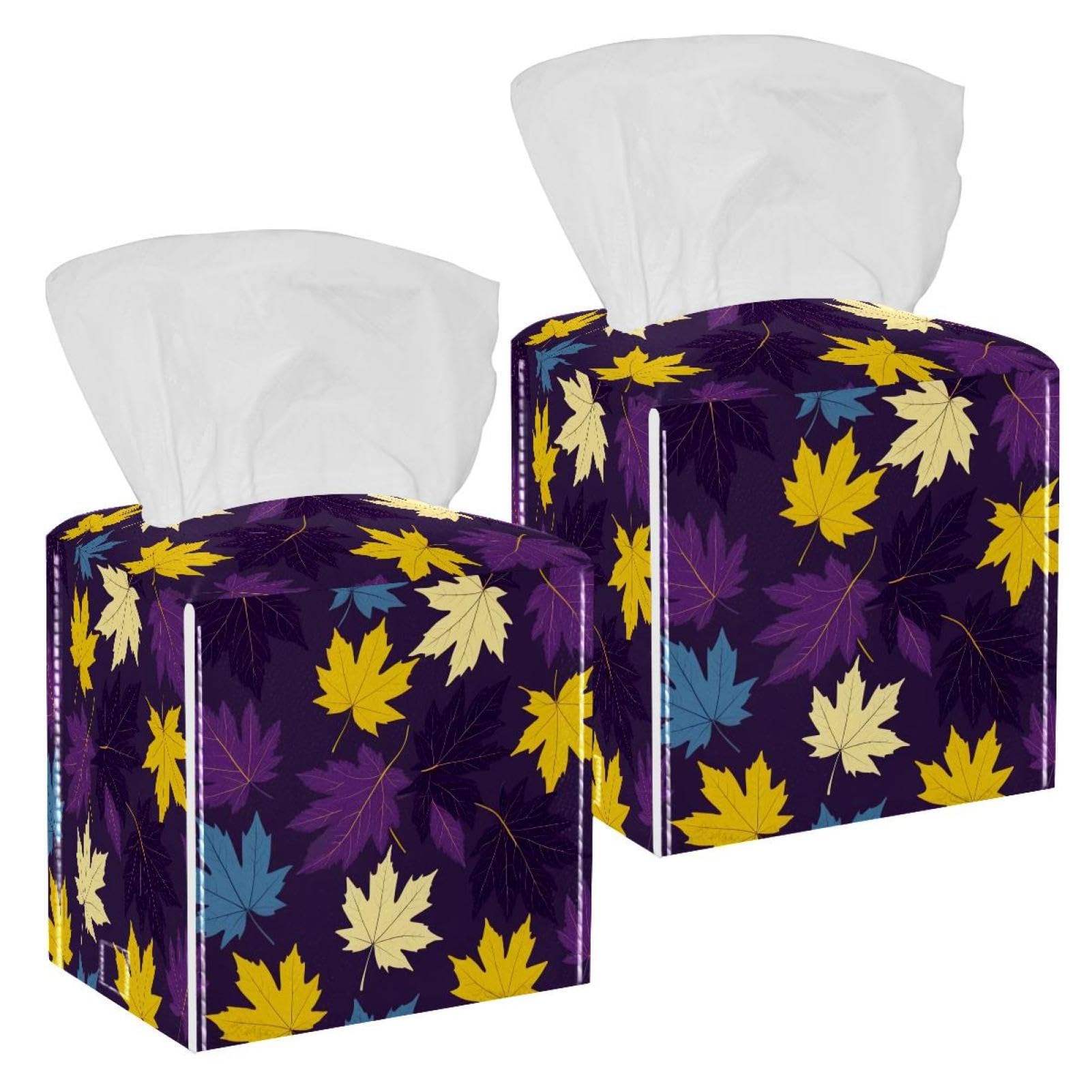 Artistic Leaves Tissue Box Cover, 2 Pack PU Leather Square Facial Tissue Dispenser Box holder for Home Office Car