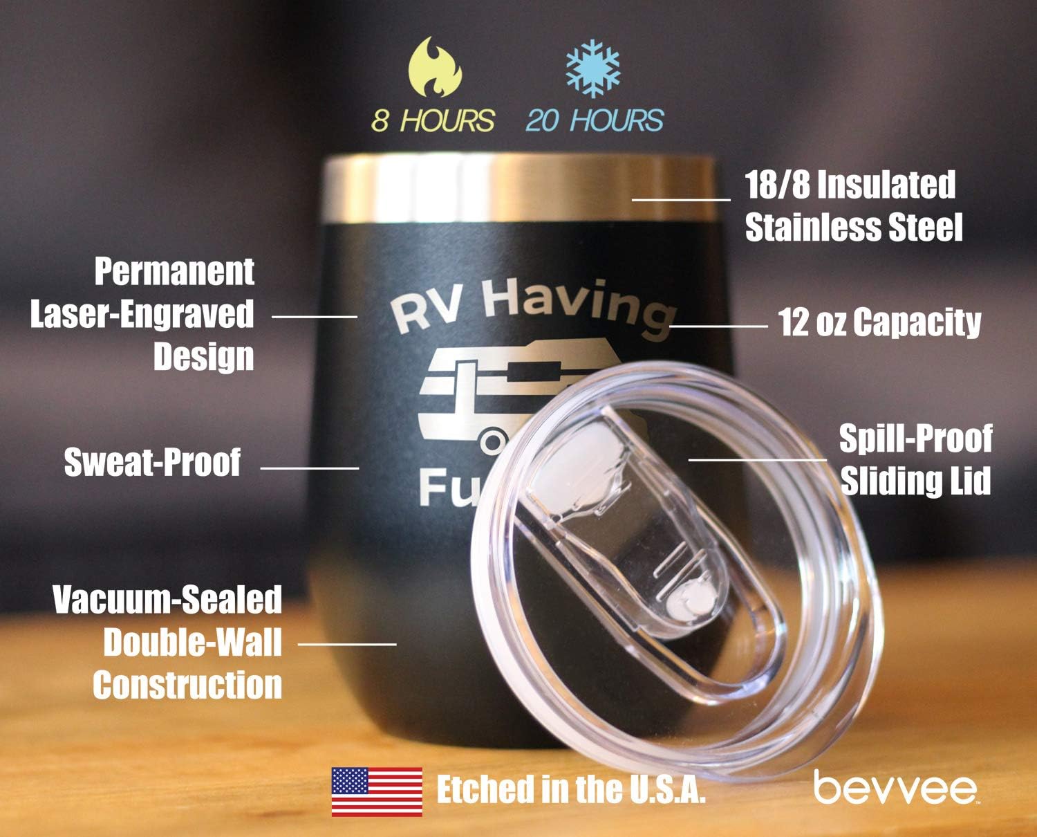 RV Having Fun Yet Wine Tumbler with Sliding Lid - Stemless Stainless Steel Insulated Cup - Cute Outdoor Camping Mug - Black