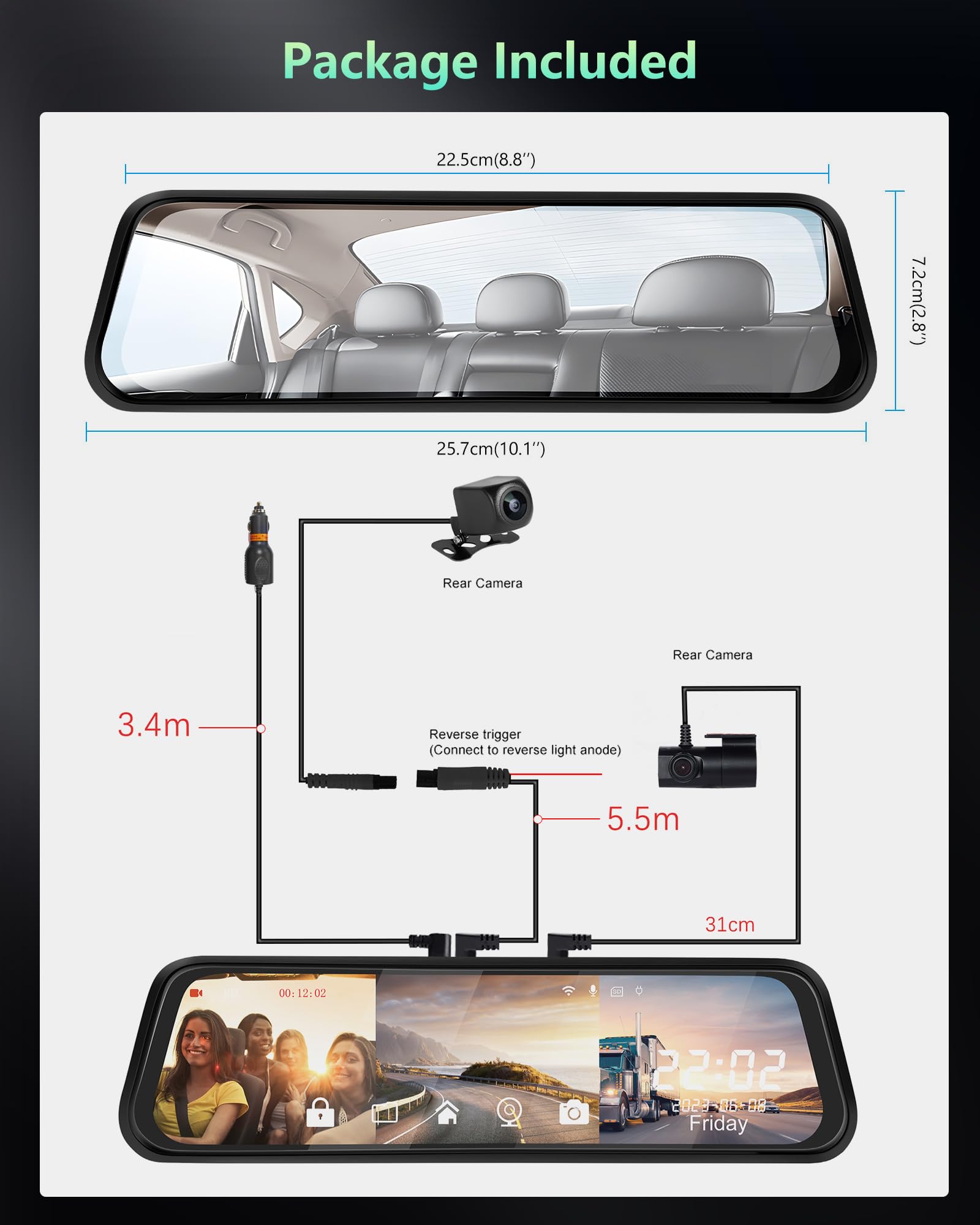 Podofo 9.66'' Specchietto Retrovisore 1440P Auto Dash Cam Con 3 Lens Dash-Cam Visione Notturna Grandangolare a 150°, Registrazione in Loop, Sensore G, WDR + Telecamera per Retromarcia AHD