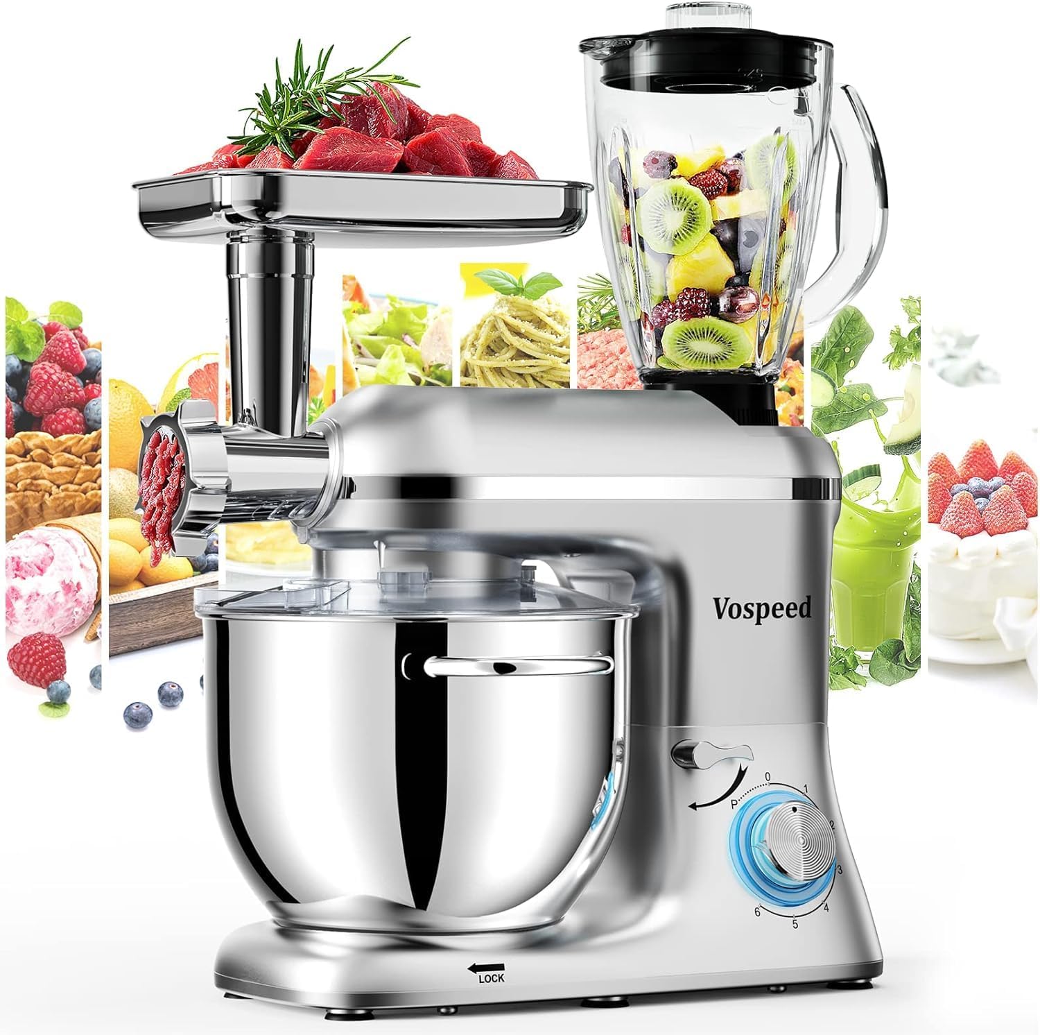 Stand Mixer 9 IN 1, 850W Tilt-Head Multifunctional Electric Mixer with 8 QT Stainless Steel Bowl, 1.5L Glass Jar, Meat Grinder, Hook, Whisk, Beater Dishwasher Safe (1)