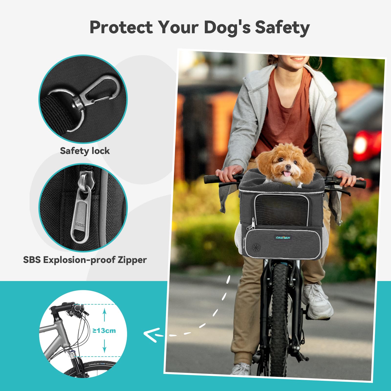 Cestino per Bicicletta per Cani fino a 3KG con Supporto Φ53mm, Zaino Multifunzione, Borsa a Tracolla e Seggiolino Auto con Finestre in Rete, Cuscino Impermeabile per Cuccioli