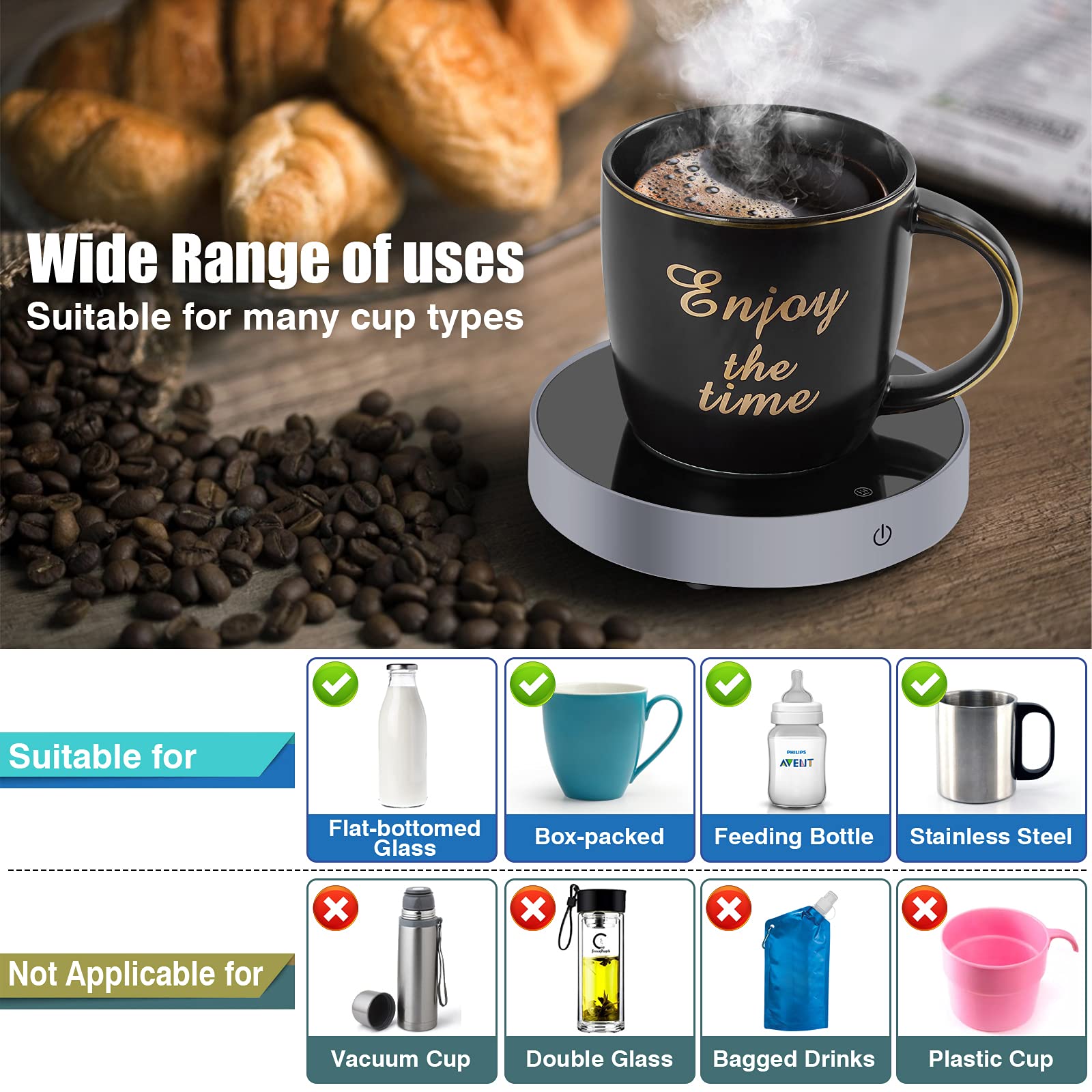 Suewow Chauffe-Tasses Électrique - 3 Températures, Auto On/Off Gravité, Arrêt 8h - Maintient Café/Thé Chaud Toute La Journée Argent