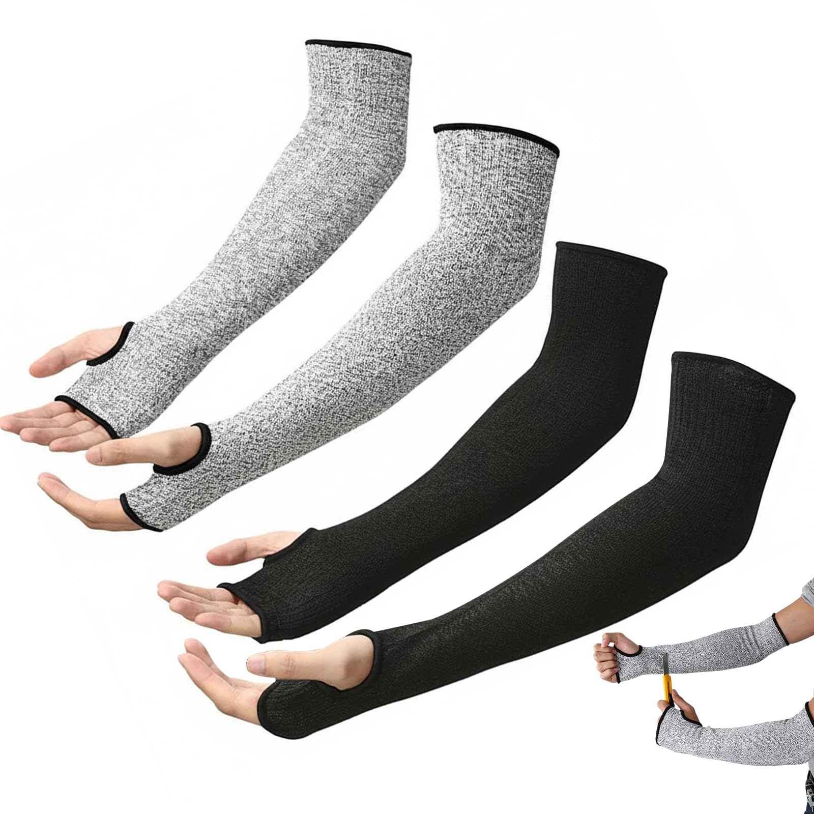 Chersun Men's Black; Silver 2 Pairs Arm Protection Sleeves With Thumb Hole For Wo, Cut Resistant Level 5 Work Protective Sleeves Arm Protectors For Fragile Skin Anti Cut Gardening Welding Guard Bracers, Forearm, Wrist
