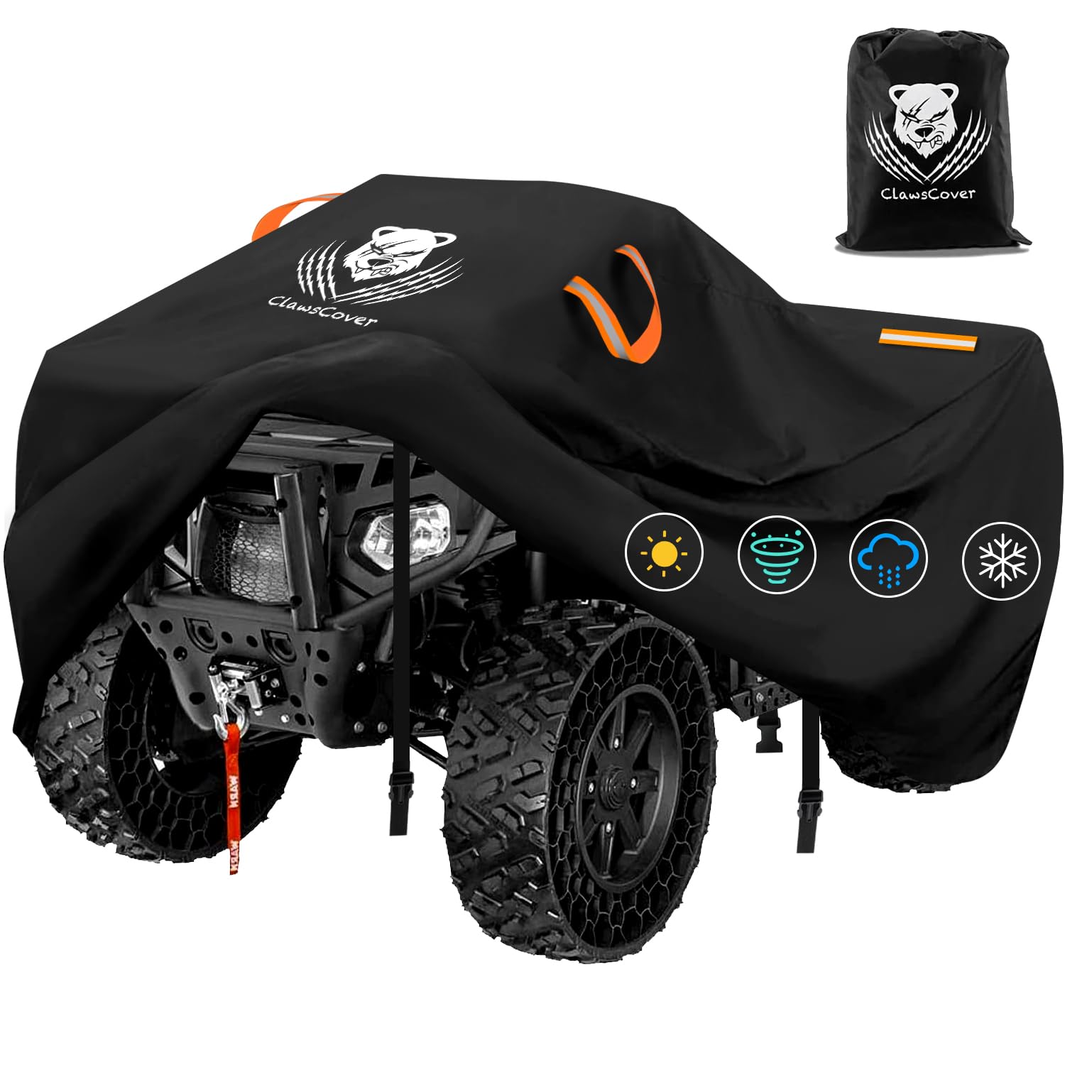ATV Covers Waterproof Outdoor Heavy Duty Tearproof Anti-UV 420D Polyester Cloth 4 Wheelers Storage Cover,Four Wheeler Cover with Reflective Strips, Windproof Straps,78.7x35.4x45.3 Inch-ClawsCover