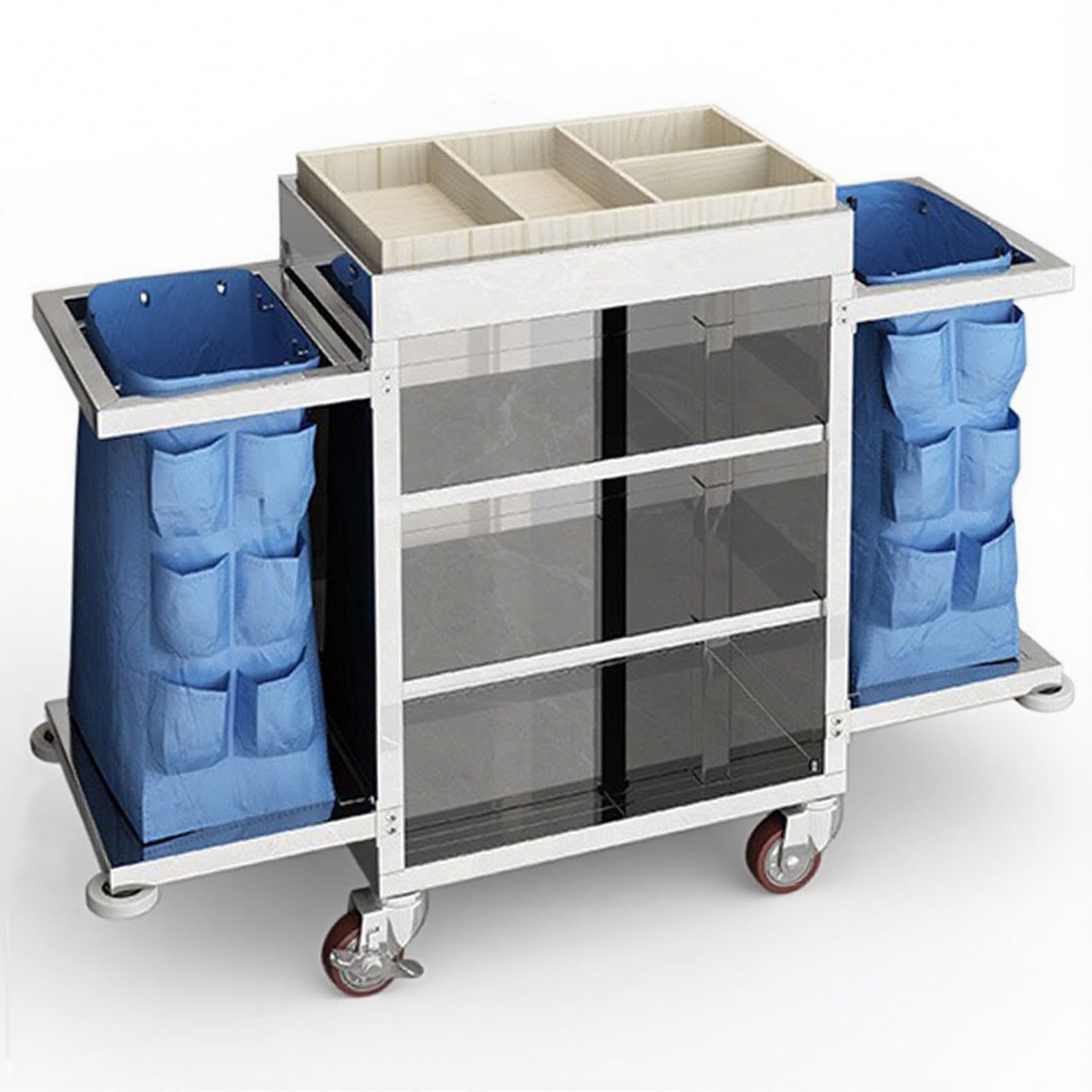 JYBNBBE Heavy Duty Stainless Steel Housekeeping Cart with Silent Wheels Janitorial Trolley for Laundry & Cleaning Mop Rack Ideal for Hotels Schools & Offices