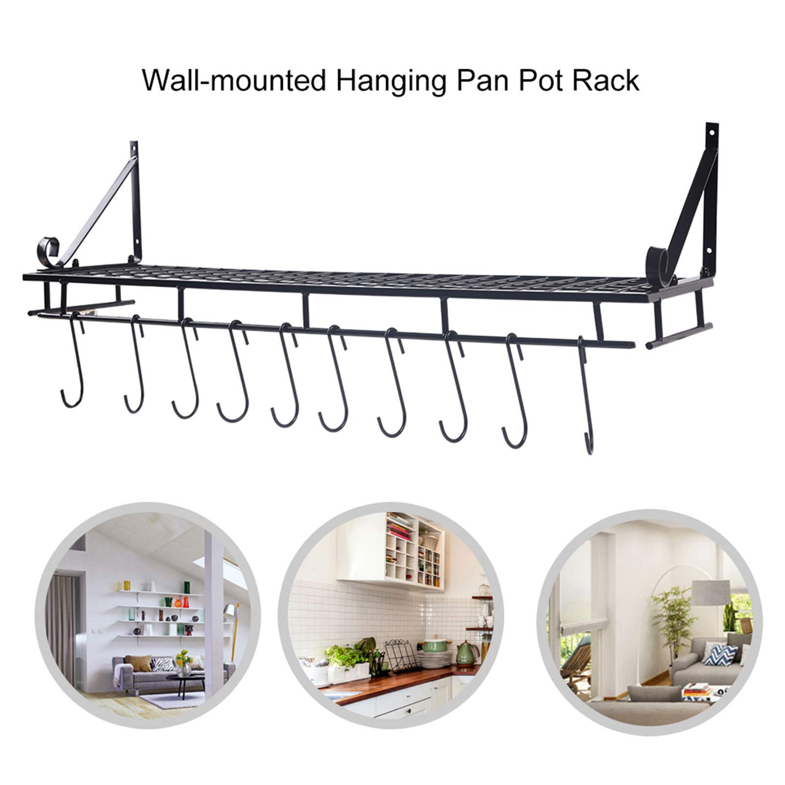 Topfregal Zum Aufhängen an Der Wand, Metall-Kochgeschirr-Organizer Mit 10 Haken, Robustes Geschirrregal, Küchenregal Für Utensilien(90cm)