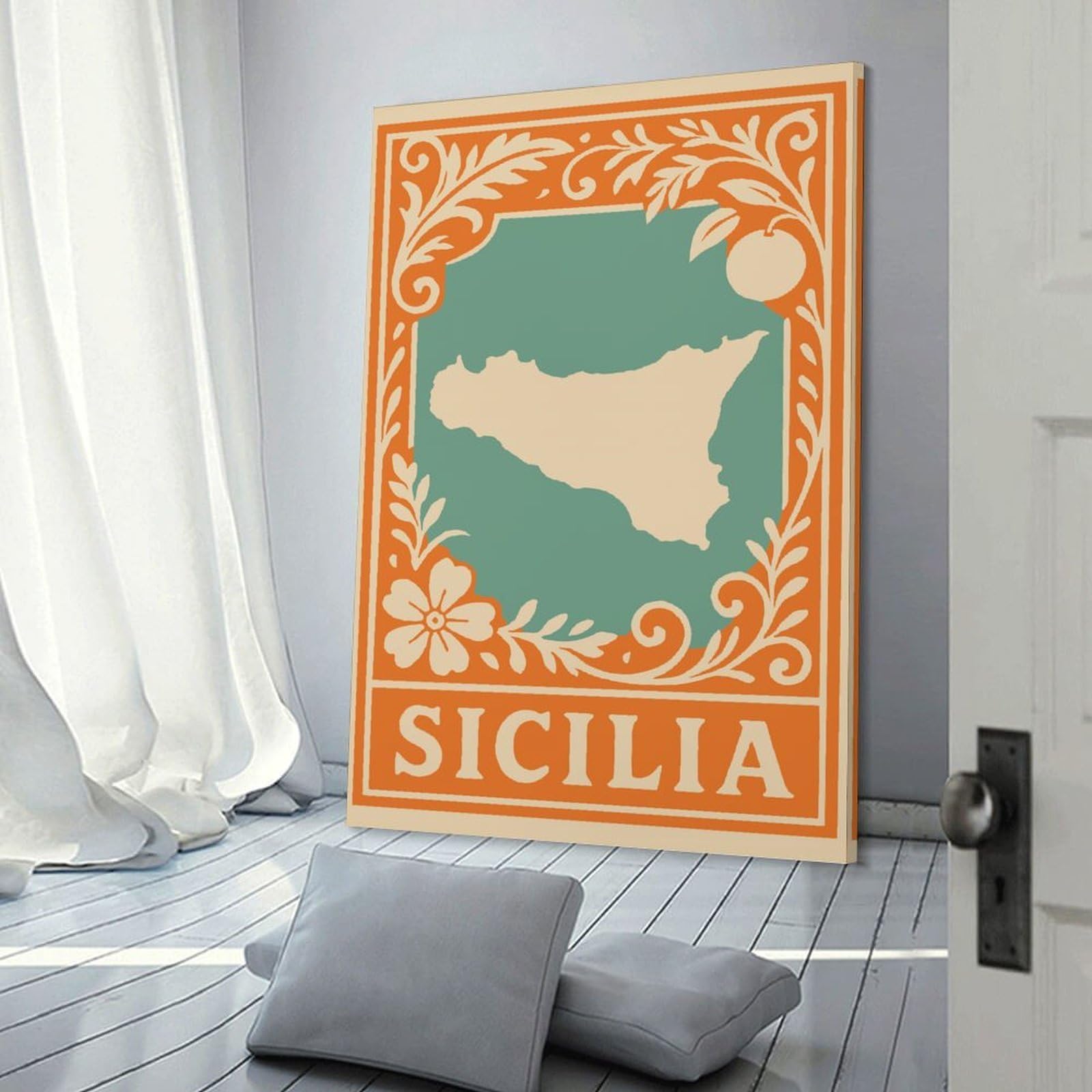 Junmoney Sicilia Map Art Canvas Wall Art, 08x12inch(20x30cm), for Wall Displays, Bedrooms Or Room Updates, Ideal for Building A Coordinated Art Wall