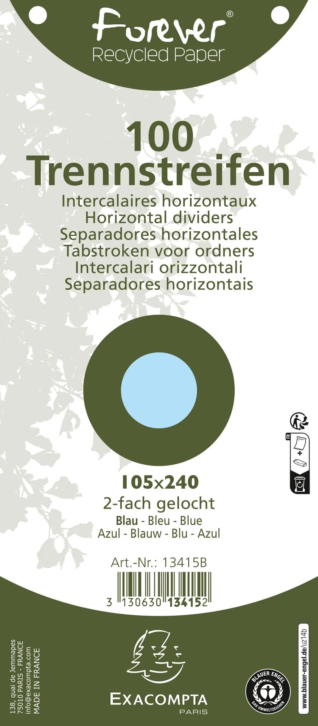 Exacompta - Cod. 13415B - Confezione da 12 pacchetti da 100 fogli divisori orizzontali a tinta unita e perforati Forever - divisori per raccoglitori o raccoglitori a leva - 105x240 mm - Azzurro