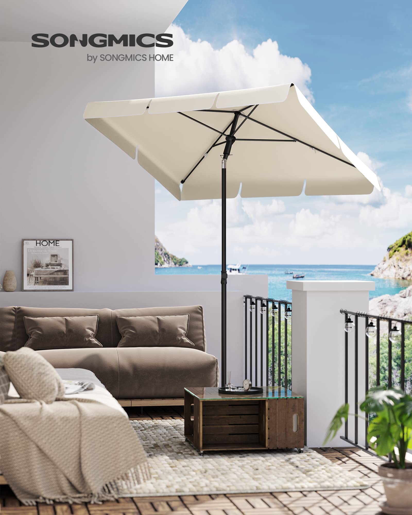 SONGMICS Sombrilla de Terraza 180 x 125 cm, UPF 50+, Inclinación Bidireccional de 30°, Altura Ajustable, con Bolsa de Transporte, para Balcón Jardín, sin Base, Beige GPU180M01
