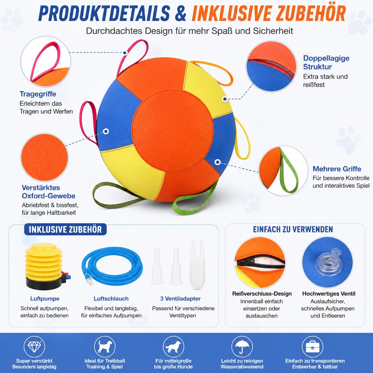 Treibball für Hunde, super verstärkter bissfester aufblasbarer Hüteball