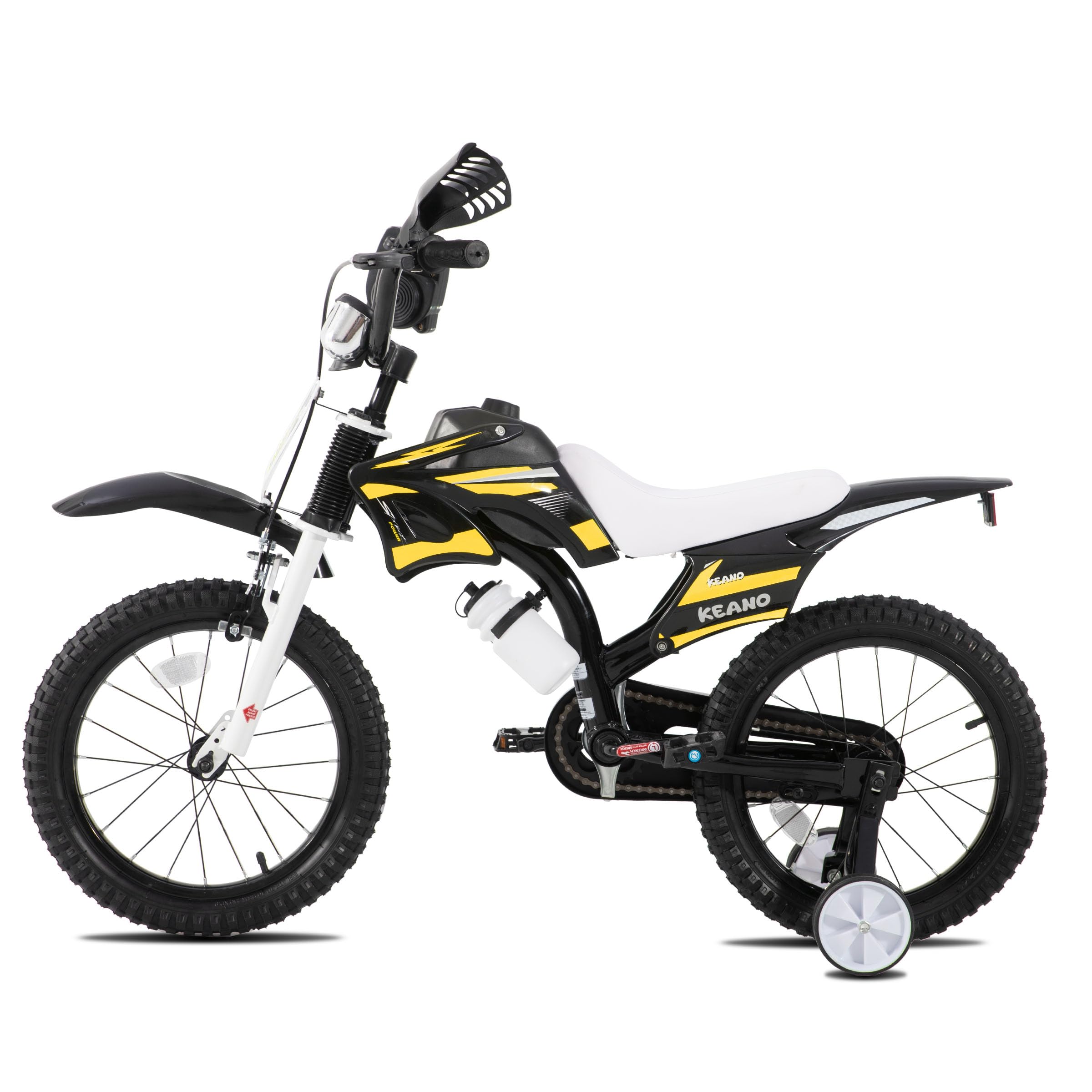 KEANO Motocross-Style-Kinderfahrrad für Jungen und Mädchen im Alter von 3–7 Jahren, 12- und 16-Zoll-Räder mit Stützrädern und Nummernschild, Kinderfahrräder in Schwarz