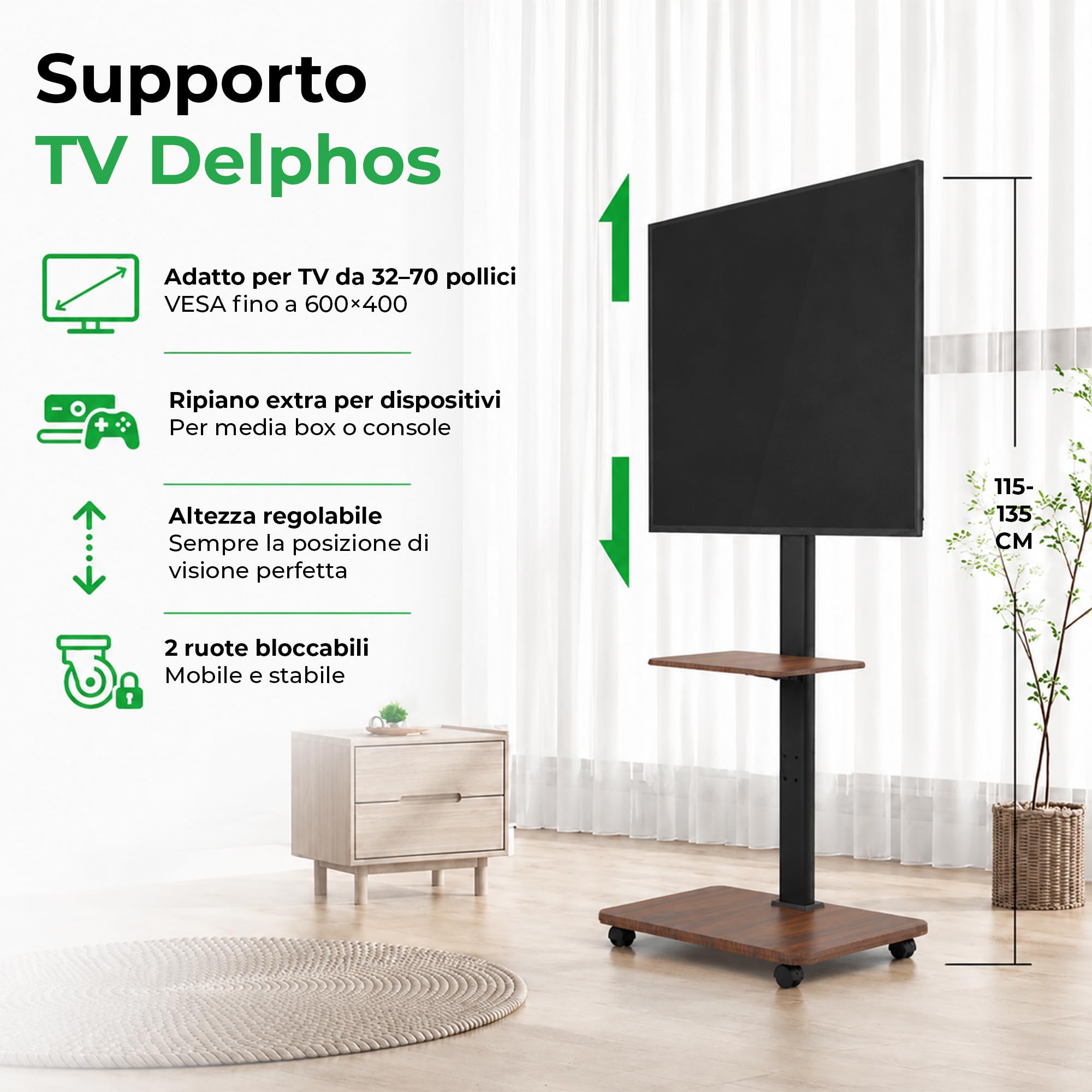 Supporto TV da terra con Base in Legno, Carrello Porta TV con Ruote, 32-70/Portata 45 kg,mobili tv soggiorno,Piedistallo TV Orientabile ±25/VESA 600 * 400,con ripiano per Mini Piante Verde