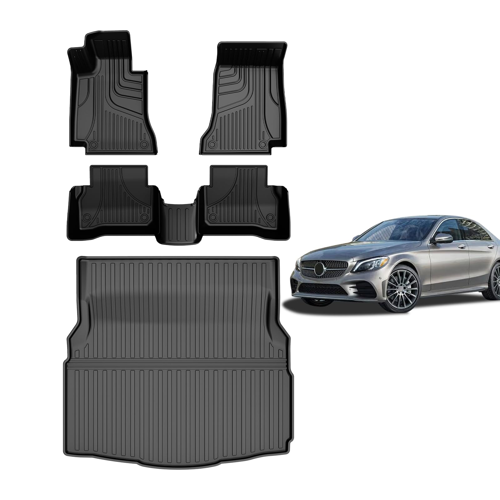AOMSAZTO Floor Mats&Cargo Mat Compatible with Mercedes-Benz: C Class Accessories 2015-2021 All Weather Rubber Carpet Liner Custom Fit C300 AMG Luxury Model Front Rear Trunk Floormat Carbon Fiber Matt