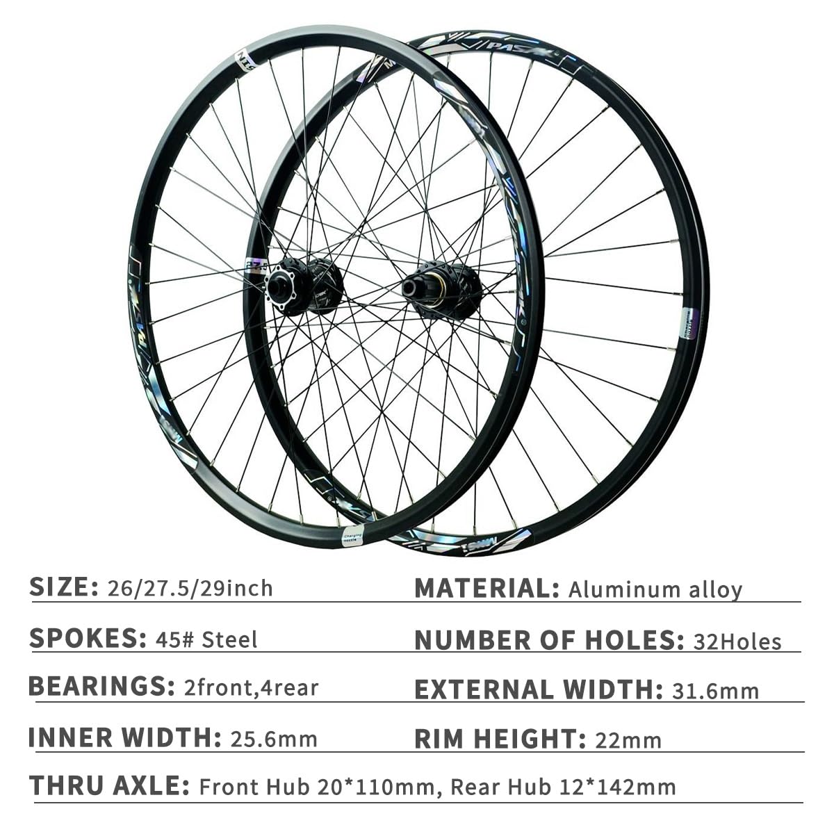 MTB-Laufradsatz 26/27,5/29" Steckachse Mountainbike-Laufräder 20x110mm/12x142mm Aluminiumlegierung Felgen 32 Loch Für 7-12 Gang Kassette Scheibenbremse Fahrrad-Rad