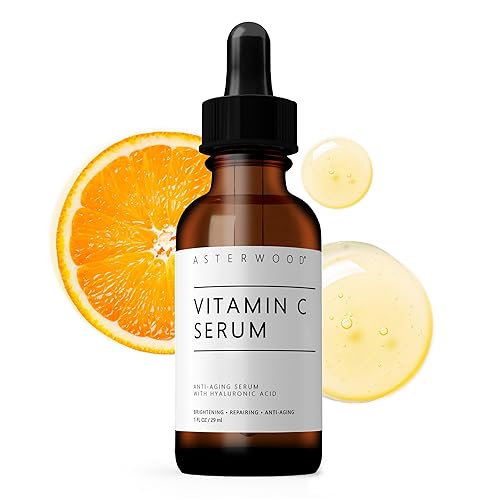 Asterwood Naturals Pure Vitamin C - Suero facial para la piel con ácido hialurónico orgánico añadido iluminador suavizante hidratante sin fragancia