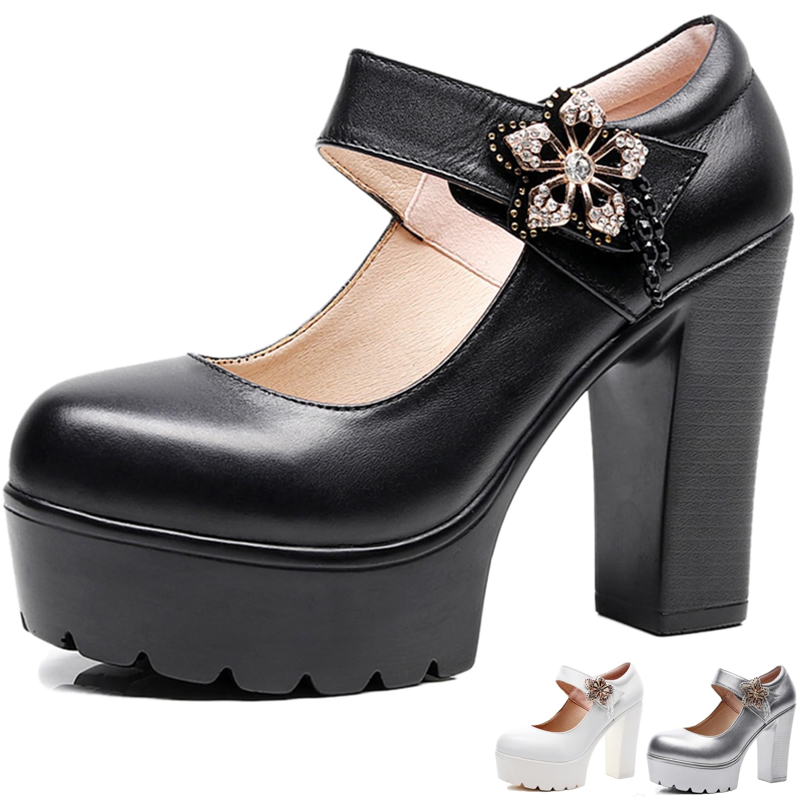 Women's Leather Platform High Chunky Heel Dress Mary Jane Pumps With Adjustable Flowers Hook And Loop Fashion Closed Round Toe Comfortable Non-slip