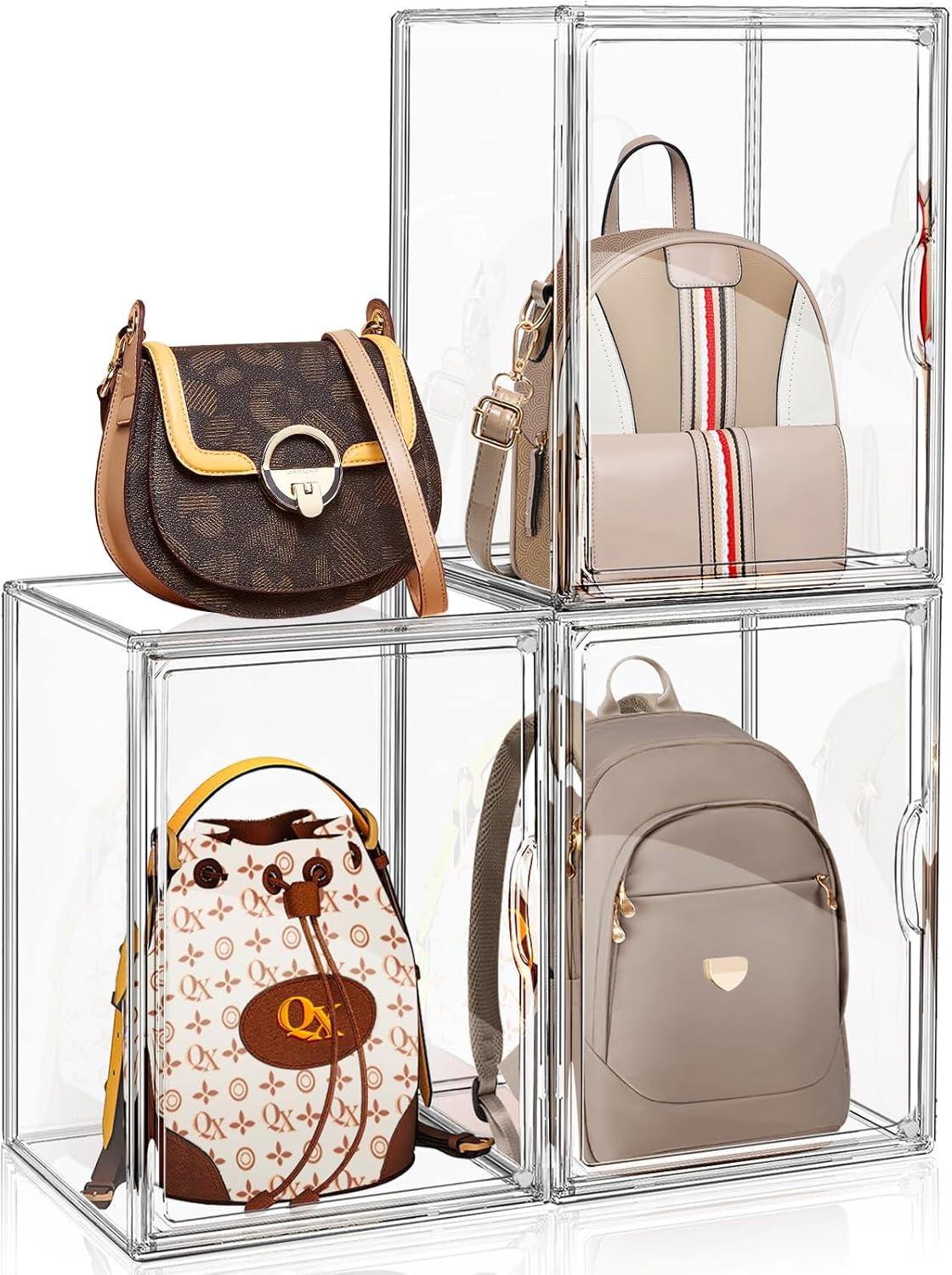 3 Packs Clear Handbag Storage Organizer for Closet, Acrylic Display Case for Purse Handbag, Stackable Purse Organizer Storage Box with Magnetic Lids for Wallet Book Collectibles