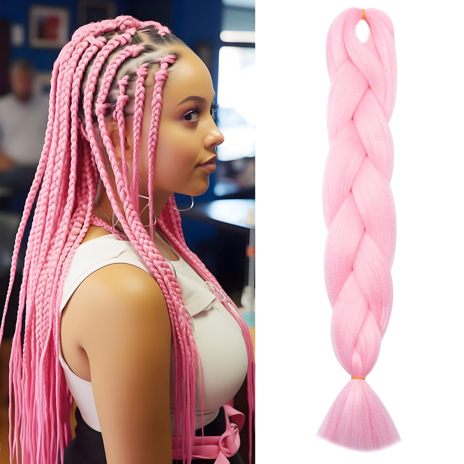 Benehair Braiding Hair Long Braids Extensions Hair 24 Inches Colorful Synthetic Hair for Braid Human Braiding Hair Pink Hair Extensions for Women(Pink