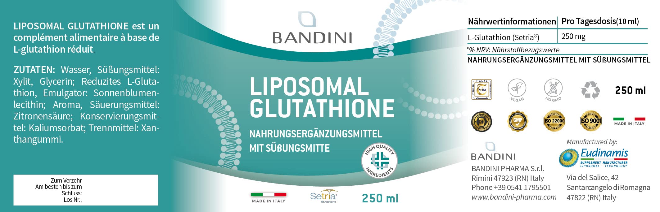Bandini® Glutathion Liposomal 250 ml - Forme Active L-Glutathion Réductase | (GSH) Liquide - Puissant Antioxydant & Anti-âge - Protection Cellulaire Optimale - 100% Vegan Sans OGM - Avec Bouchon Doseur