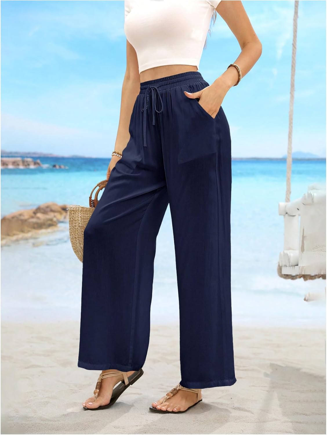 SHENHE Women's Wide Leg Palazzo Pants Drawstring Elastic Beach Vacation Travel Loose Trousers - Image 3