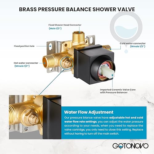 Miniatura 12 de gotonovo Juego de grifo de ducha tipo lluvia con sistema de molduras de ducha con cabezal de ducha de lluvia de 10 pulgadas, mezclador de baño