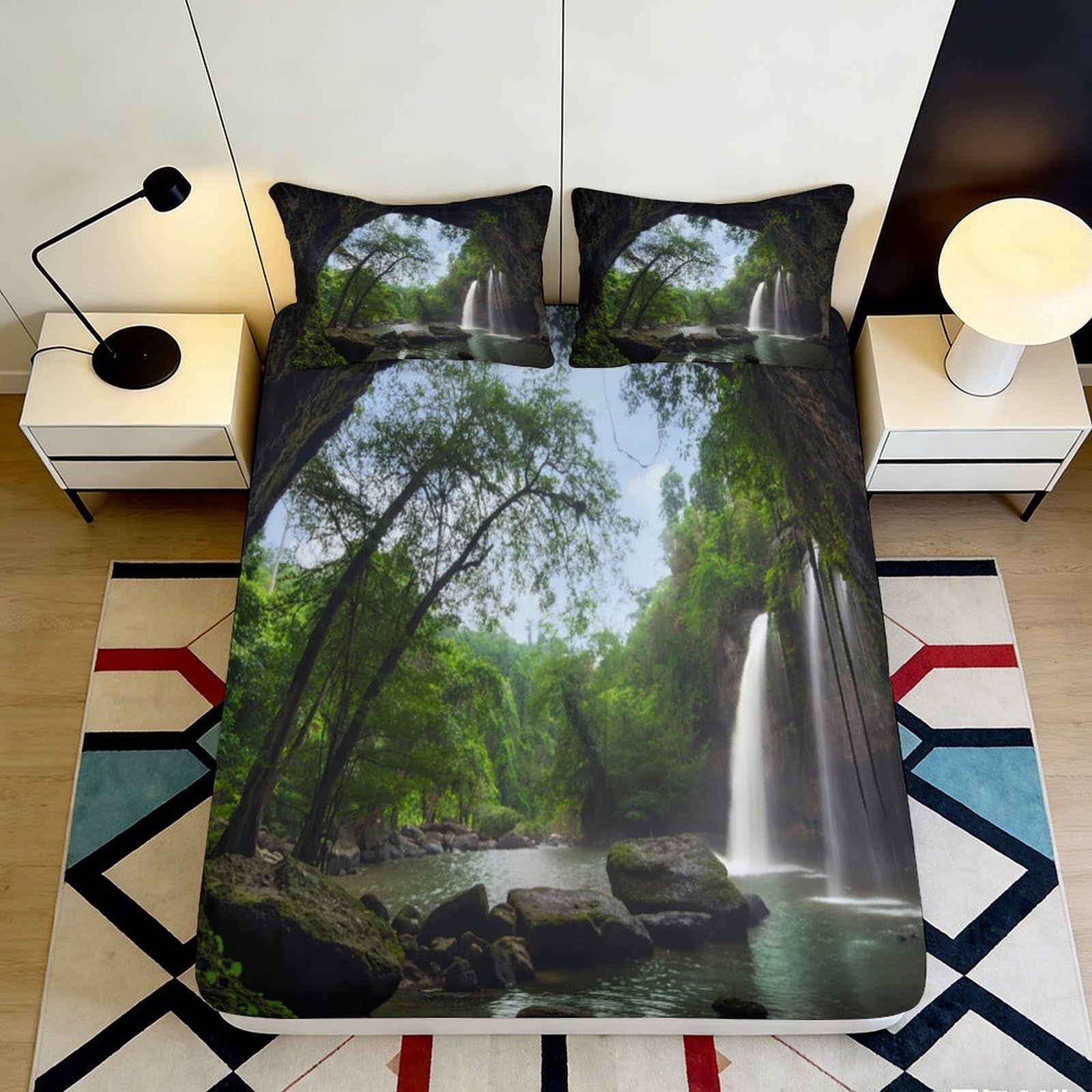 3D Printed Waterfall Forest Fitted Sheet Microfiber Breathable Nature Landscape Mattress Cover Bedroom Decor 90x200x25cm