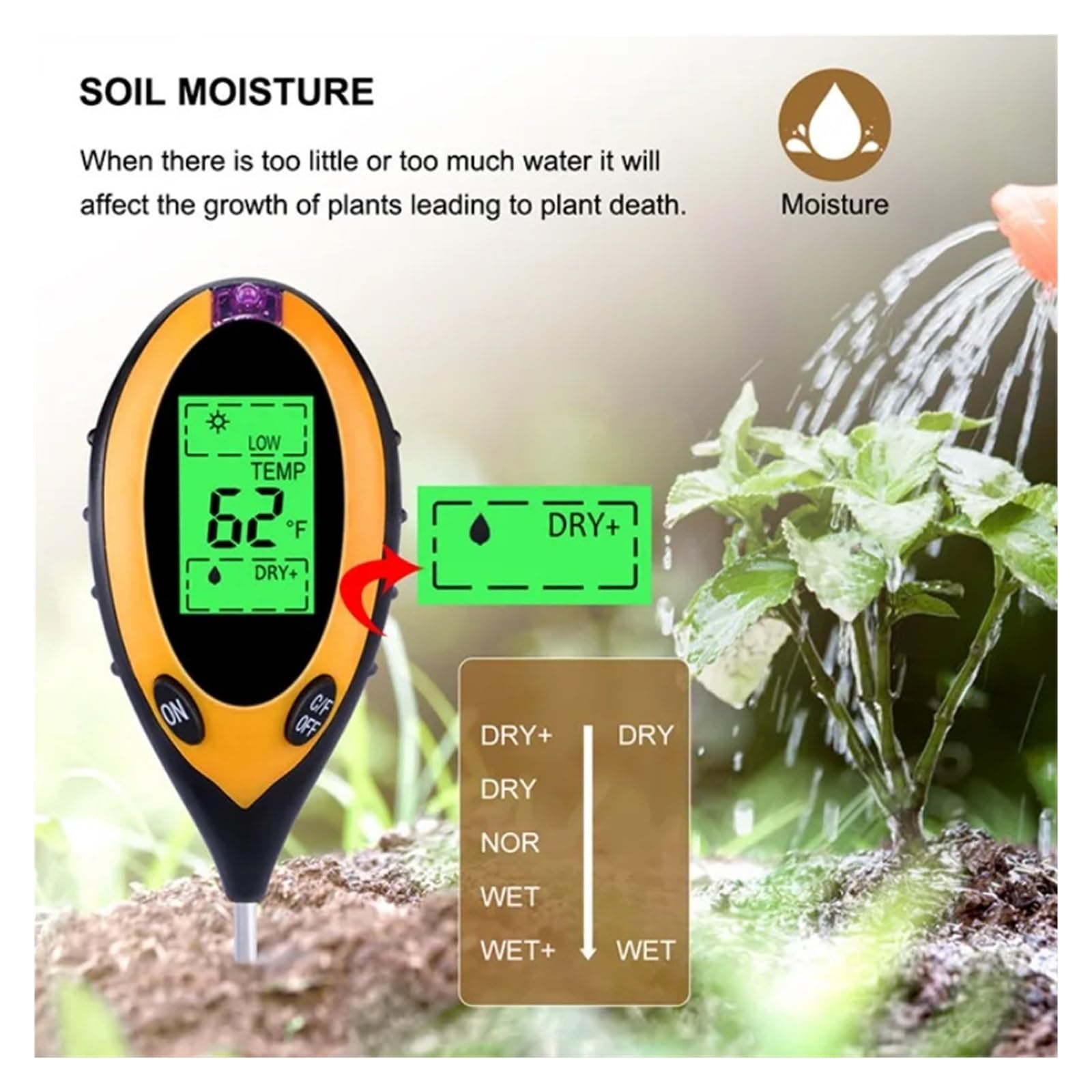 Medidor Digital De PH Del Suelo 4 En 1, Monitor De Humedad, Probador De Temperatura Y Luz Solar For Cultivo De Plantas De Jardín Con Luz Negra
