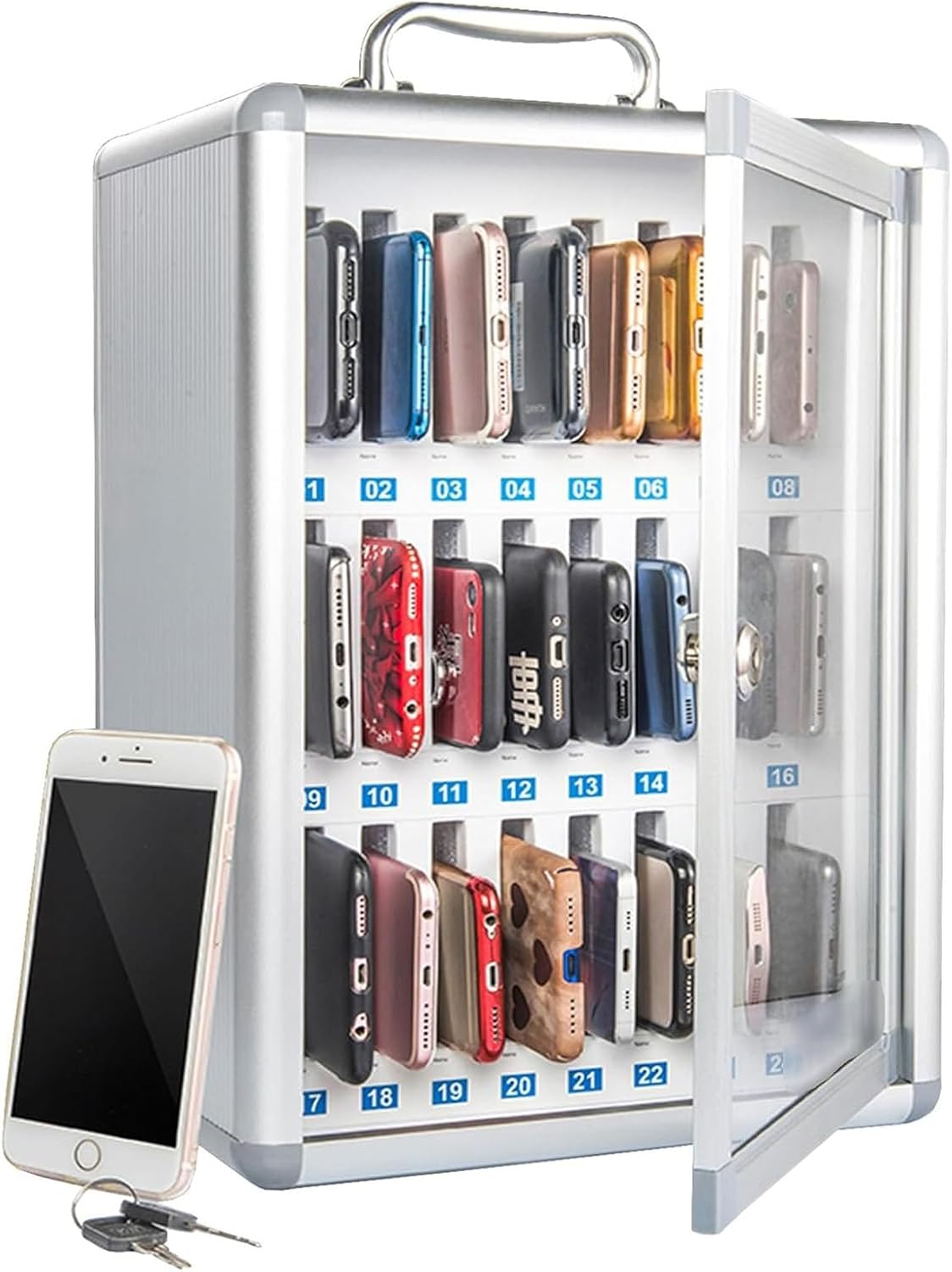 Cell Phone Locker Box Wall Mounted, Aluminum Alloy Pocket Chart Cell Phones Storage Cabinet, Cell Phone Holder Classroom Cell Phone Storage Box with Handle for Classroom Office,30 Slots